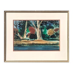 Acuarela moderna roja, amarilla, verde y azul Paisaje forestal abstracto