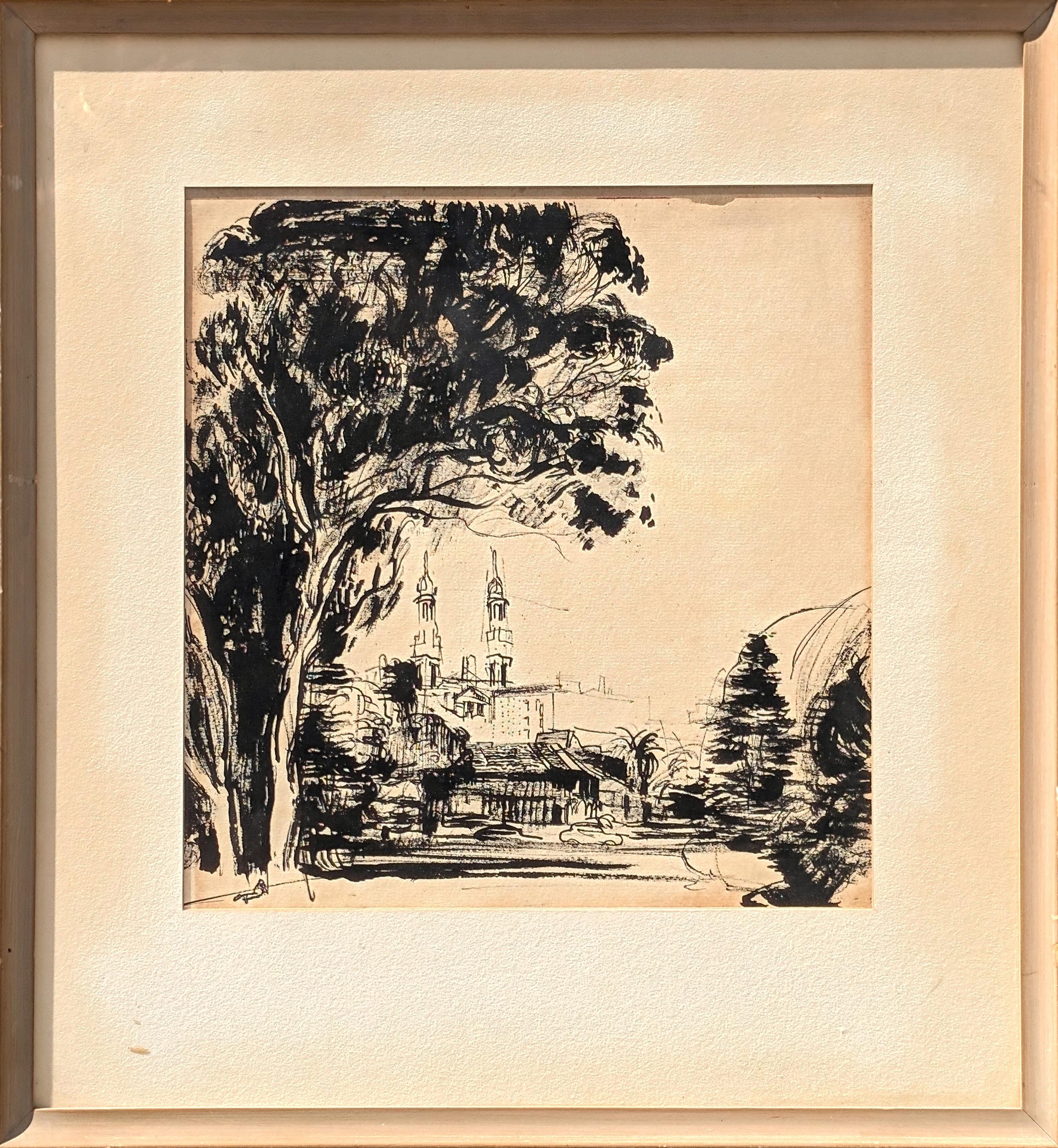 Landscape Painting Edsel Cramer - Dessin à l
encre de paysage en noir et blanc du début de l
ère moderne représentant des bâtiments à San Francisco