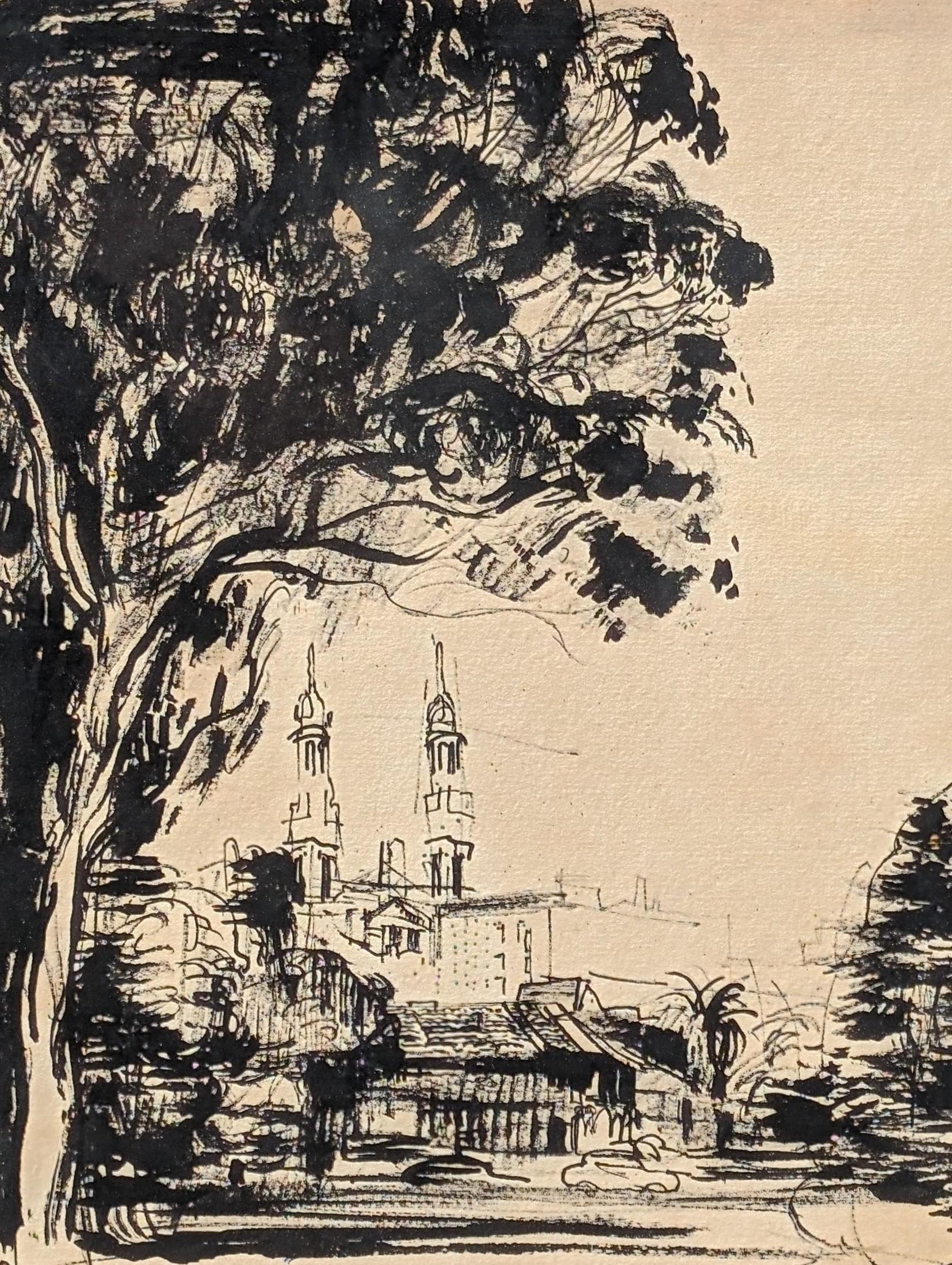 Dessin à l'encre de paysage en noir et blanc du début de l'ère moderne représentant des bâtiments à San Francisco en vente 2