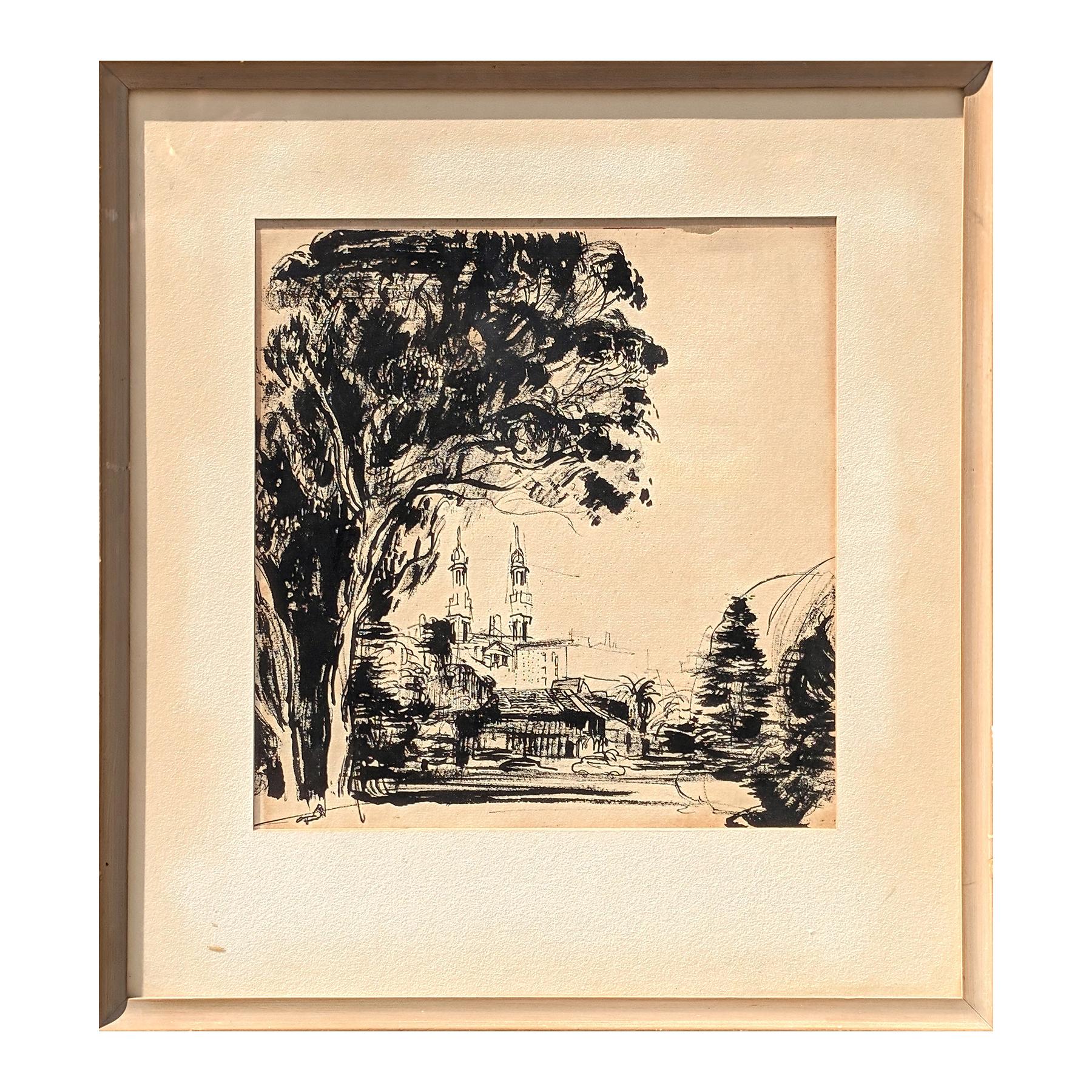 Dessin à l'encre de paysage en noir et blanc du début de l'ère moderne représentant des bâtiments à San Francisco - Painting de Edsel Cramer