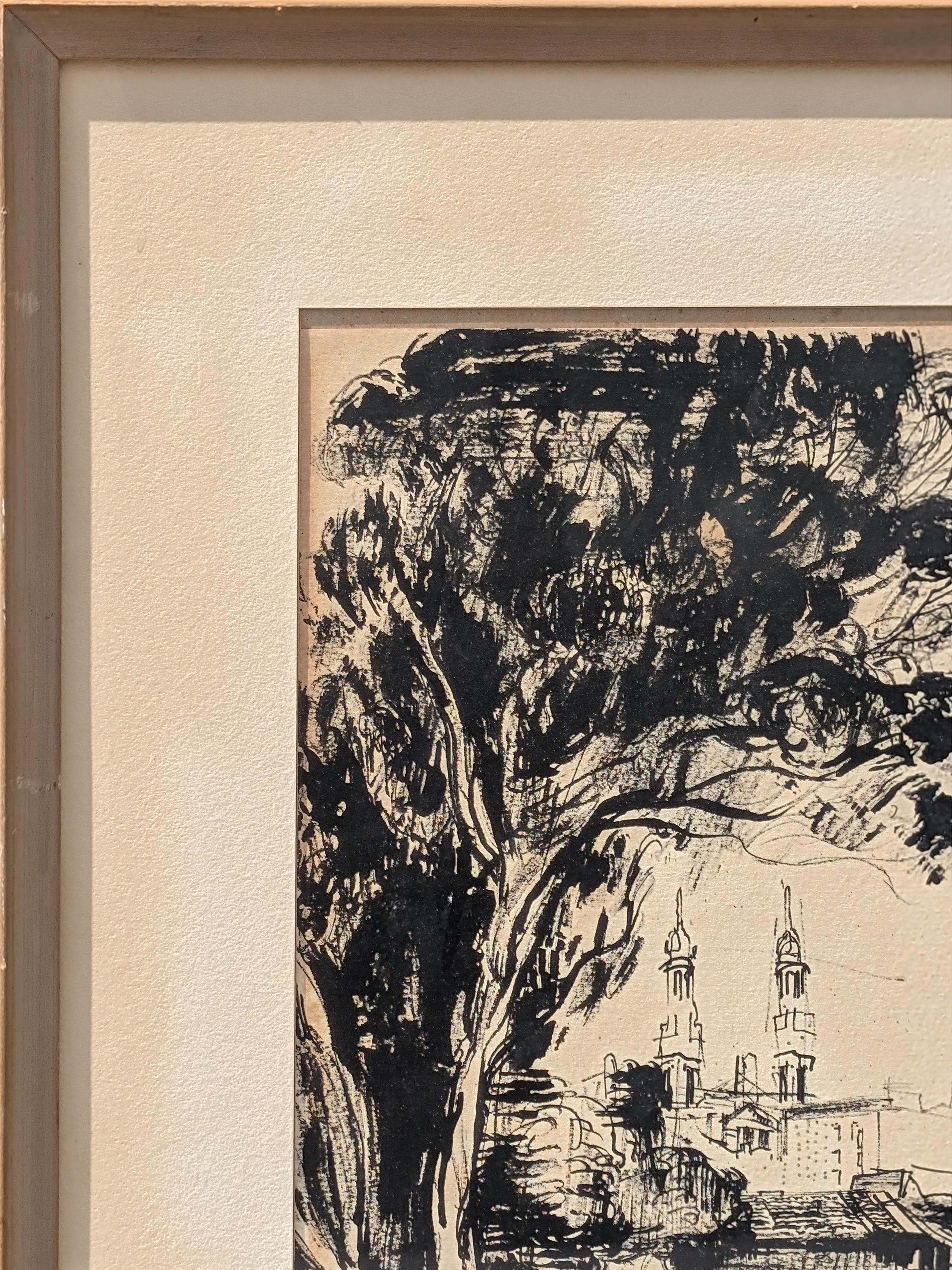 Dessin à l'encre de paysage en noir et blanc du début de l'ère moderne représentant des bâtiments à San Francisco - Modernisme américain Painting par Edsel Cramer