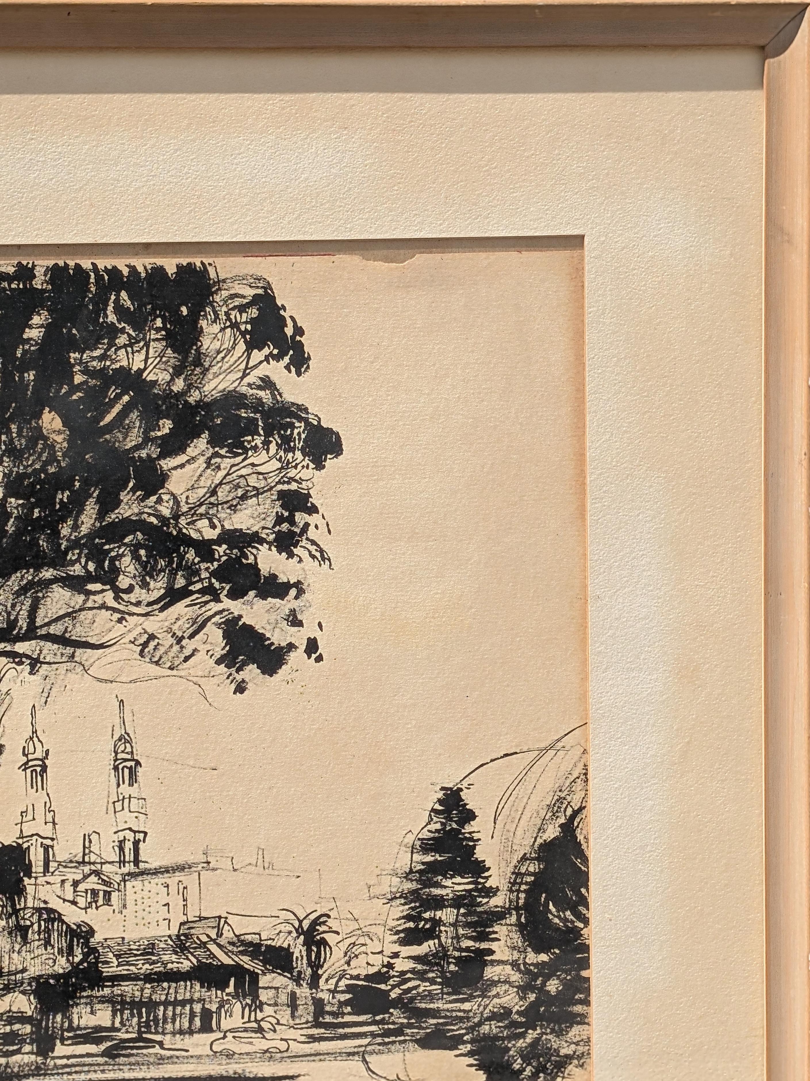 Dessin à l'encre de paysage en noir et blanc du début de l'ère moderne représentant des bâtiments à San Francisco - Beige Landscape Painting par Edsel Cramer