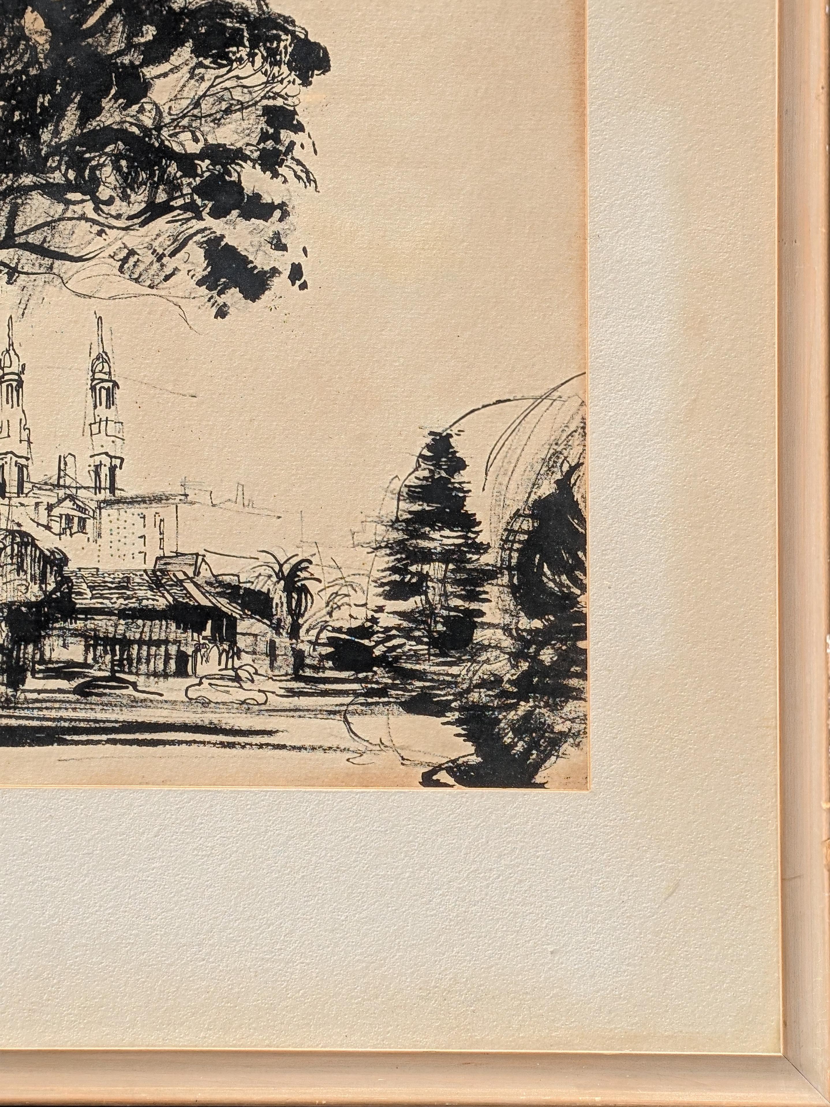 Scène moderne de paysage urbain en noir et blanc du début de l'année, réalisée par l'artiste Edsel Cramer de Whiting. L'œuvre présente une vue abstraite des bâtiments du centre-ville de San Francisco. Actuellement accroché dans un cadre en bois