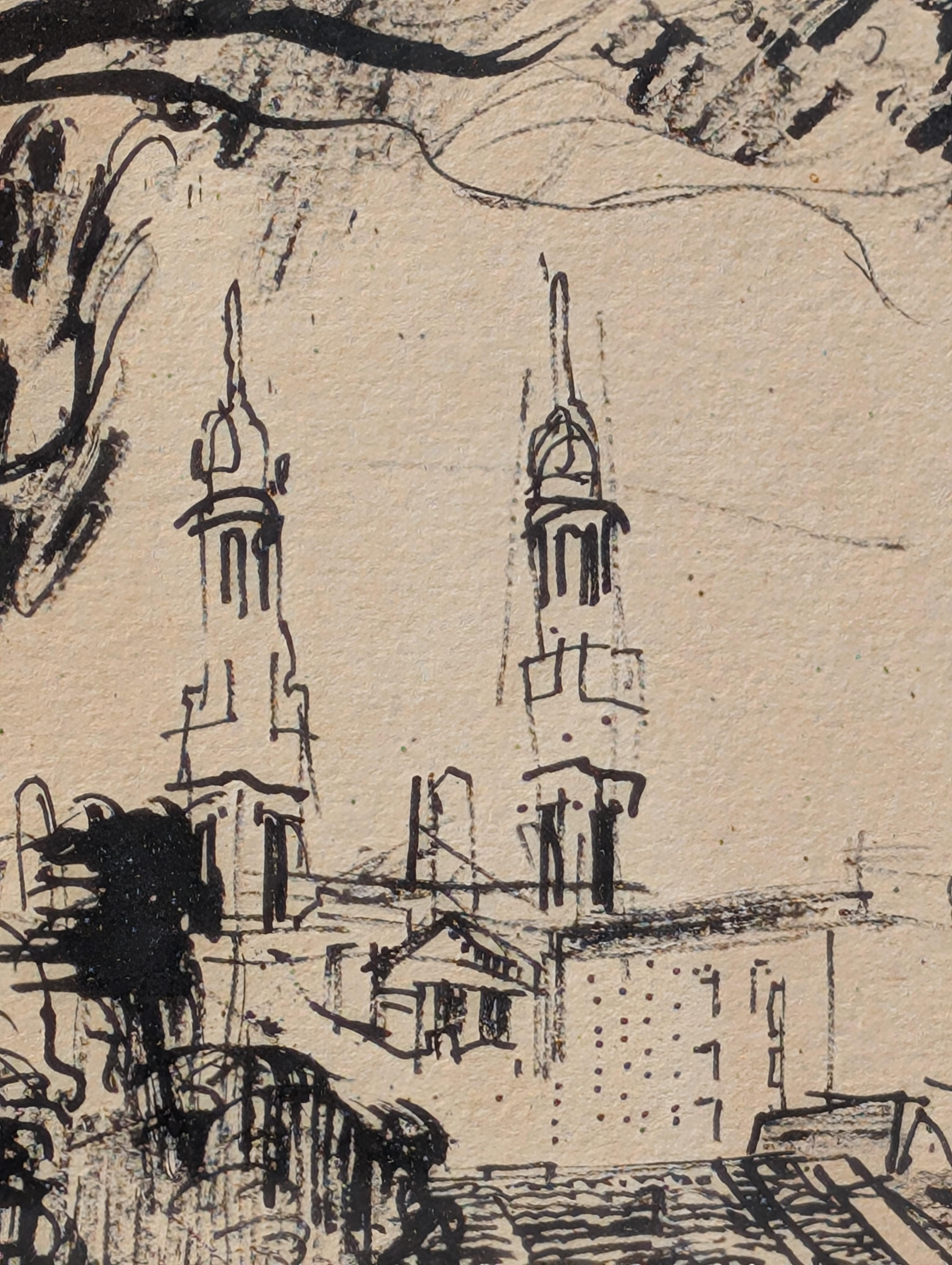 Dessin à l'encre de paysage en noir et blanc du début de l'ère moderne représentant des bâtiments à San Francisco en vente 5