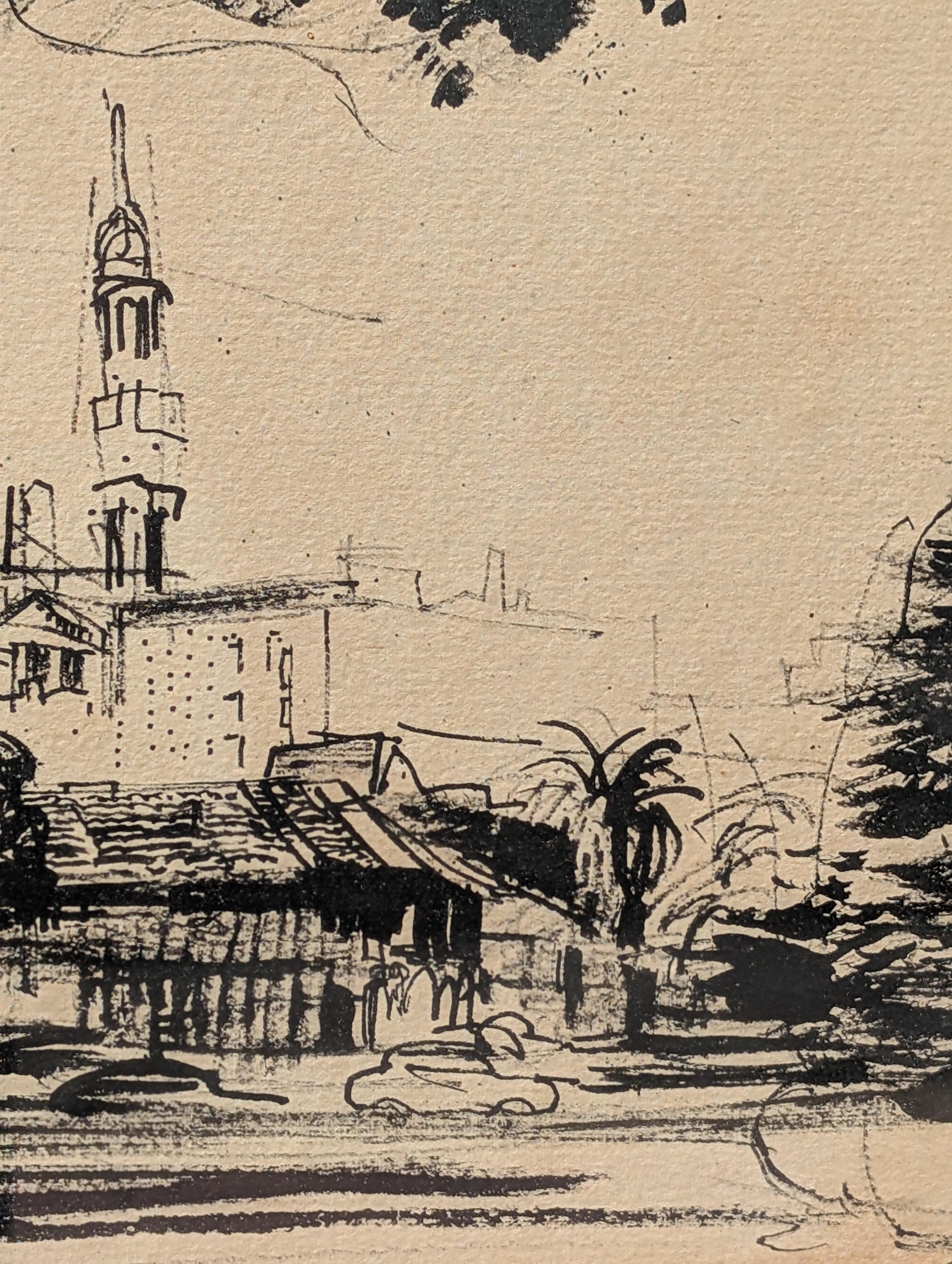 Dessin à l'encre de paysage en noir et blanc du début de l'ère moderne représentant des bâtiments à San Francisco en vente 4