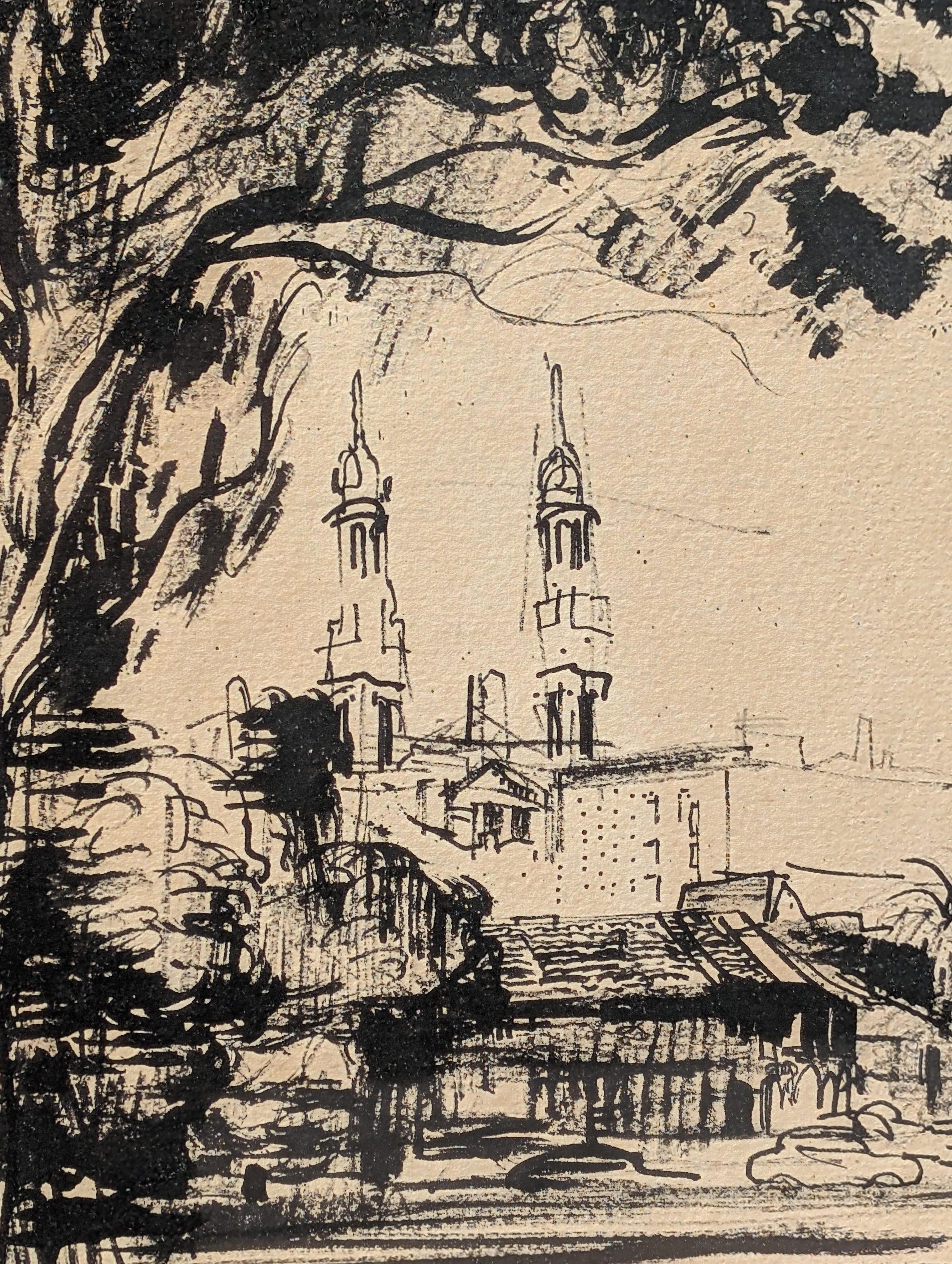 Dessin à l'encre de paysage en noir et blanc du début de l'ère moderne représentant des bâtiments à San Francisco en vente 3