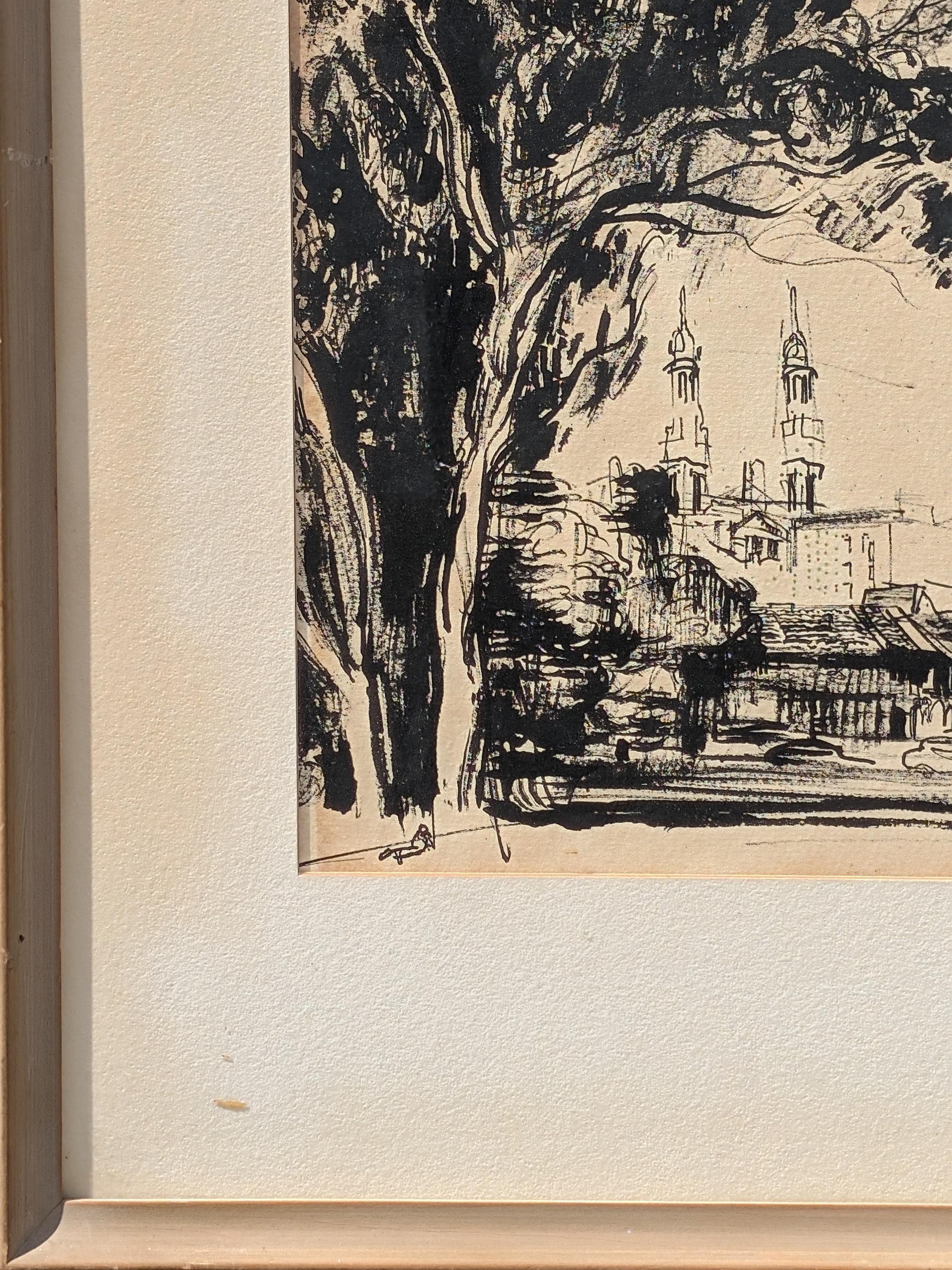 Dessin à l'encre de paysage en noir et blanc du début de l'ère moderne représentant des bâtiments à San Francisco en vente 1