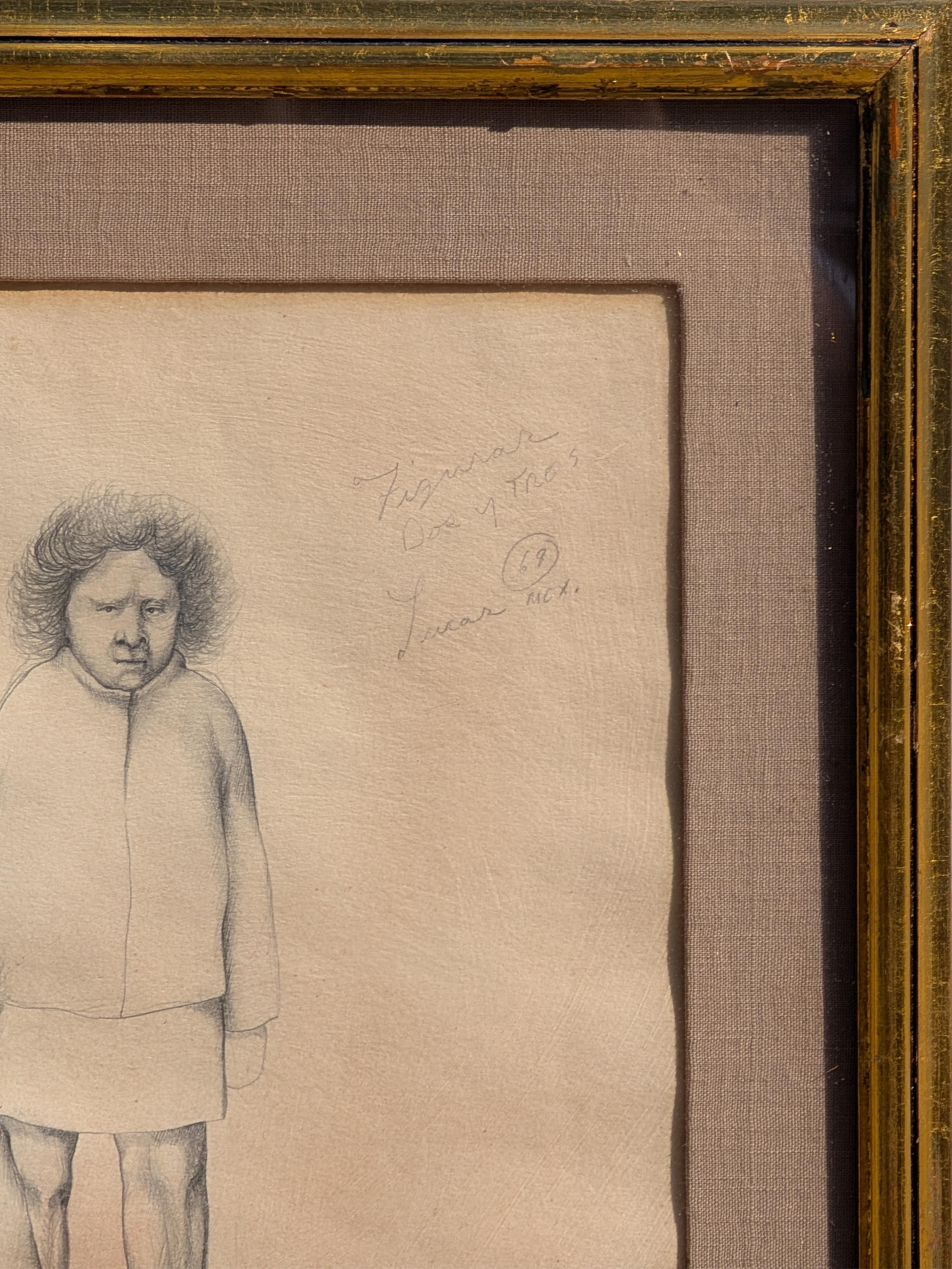 Moderne figurative Bleistiftzeichnung des amerikanischen Künstlers Lucas Johnson. Das Werk zeigt zwei stehende Personen in Johnsons ikonischem Rendering-Stil. Signiert, betitelt und datiert in der oberen rechten Ecke der Vorderseite. Derzeit in