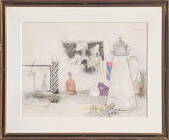 Modern Abstract Still Life Drawing of a Pitcher, Terra Cotta Figure, and Palette