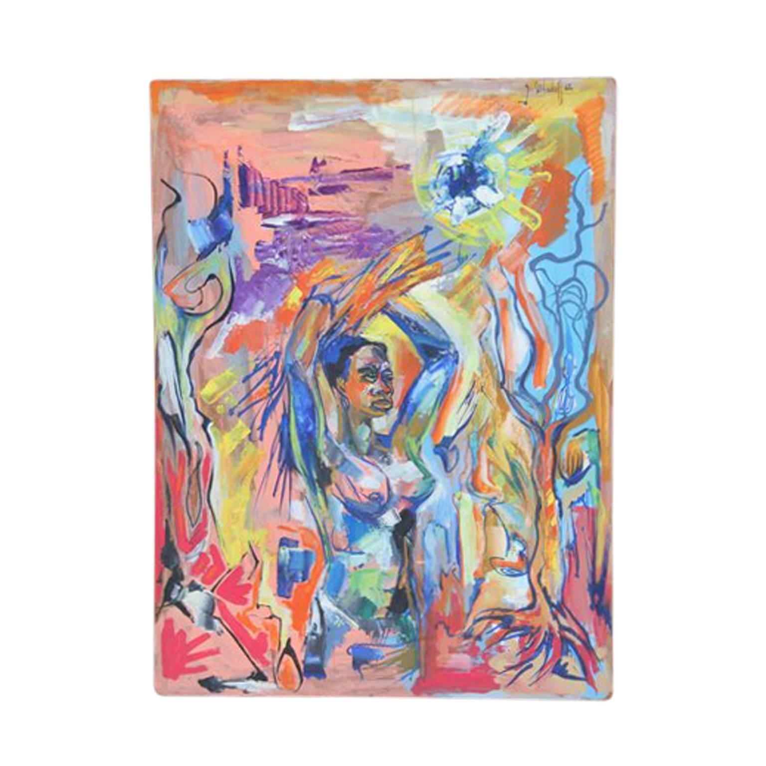 Gustave Alhadeff Abstract Painting - Colorful Tribal Nude Abstract