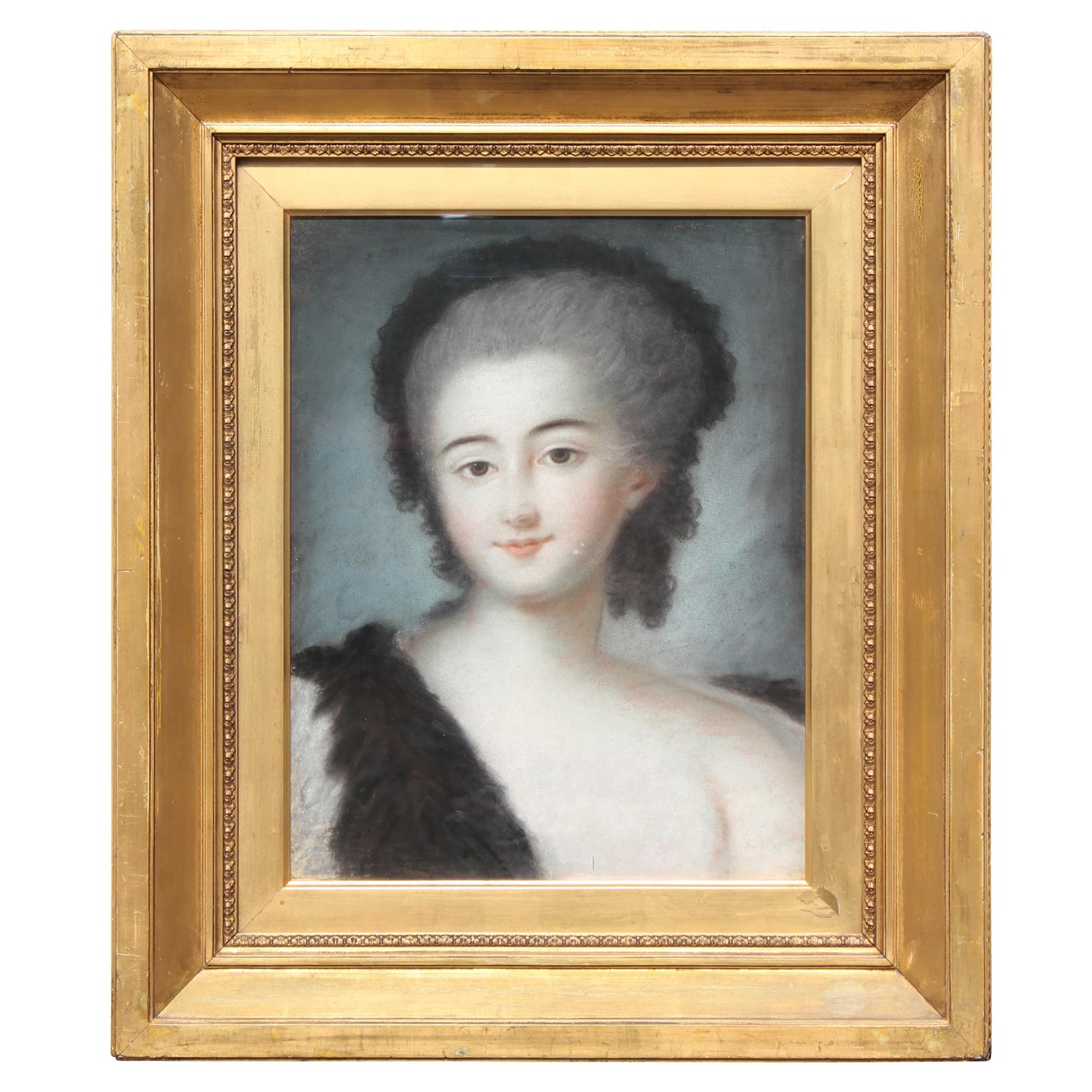 Done in the school of Rosalba Carriera, 18th century portrait of a women with a gilt frame. Untitled and undated, done with oil pastel. 
Dimensions without Frame: H 16.25 in x W 13 in x D .25 in.

Artist Biography: Rosalba Carriera was born in