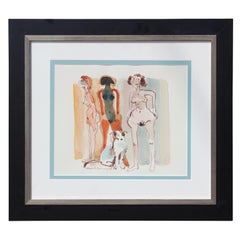 Modern Abstract Painting of Three Women and a Dog 
