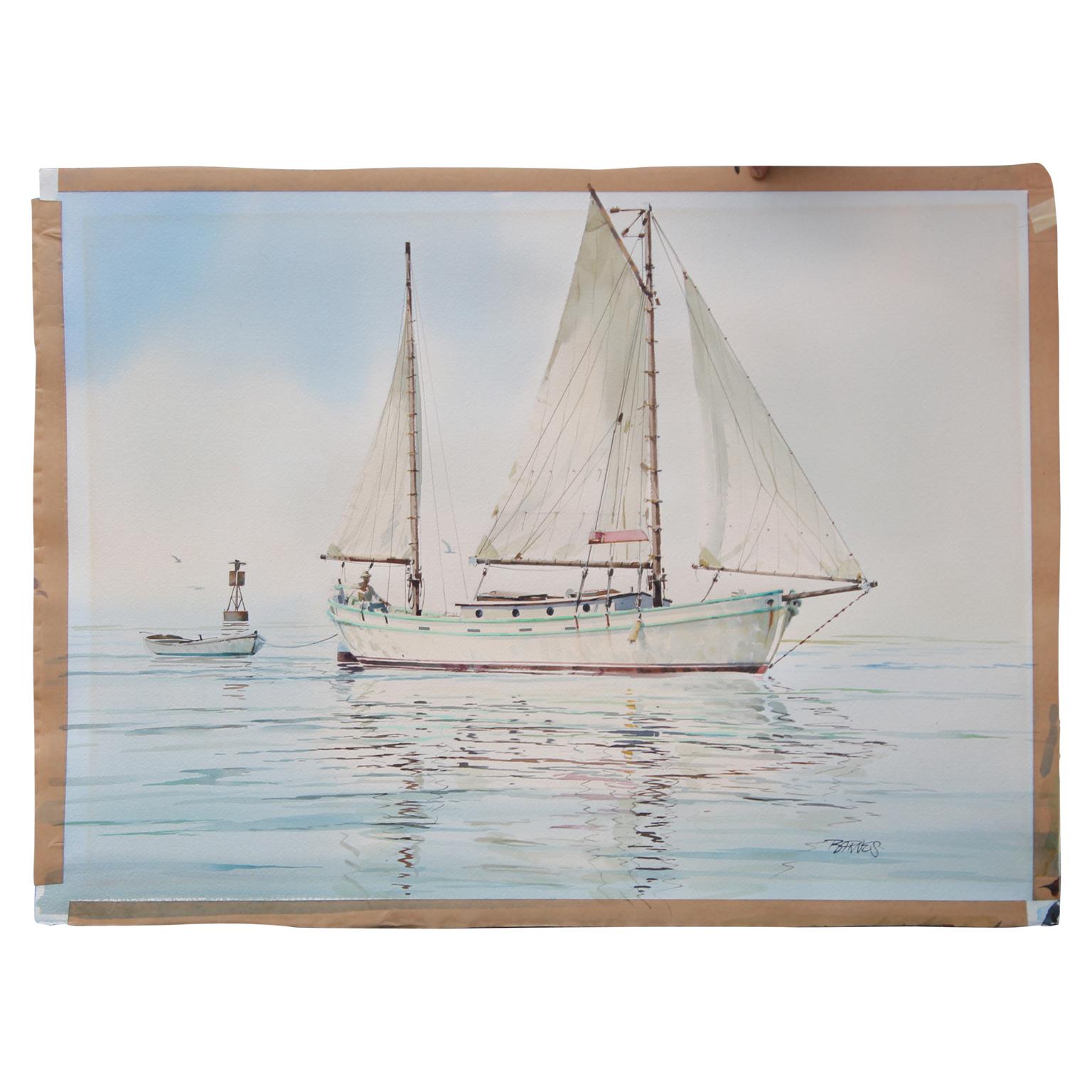Al Barnes Landscape Art - Realistic Watercolor Painting of a Sailboat