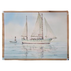 Vintage Realistic Watercolor Painting of a Sailboat