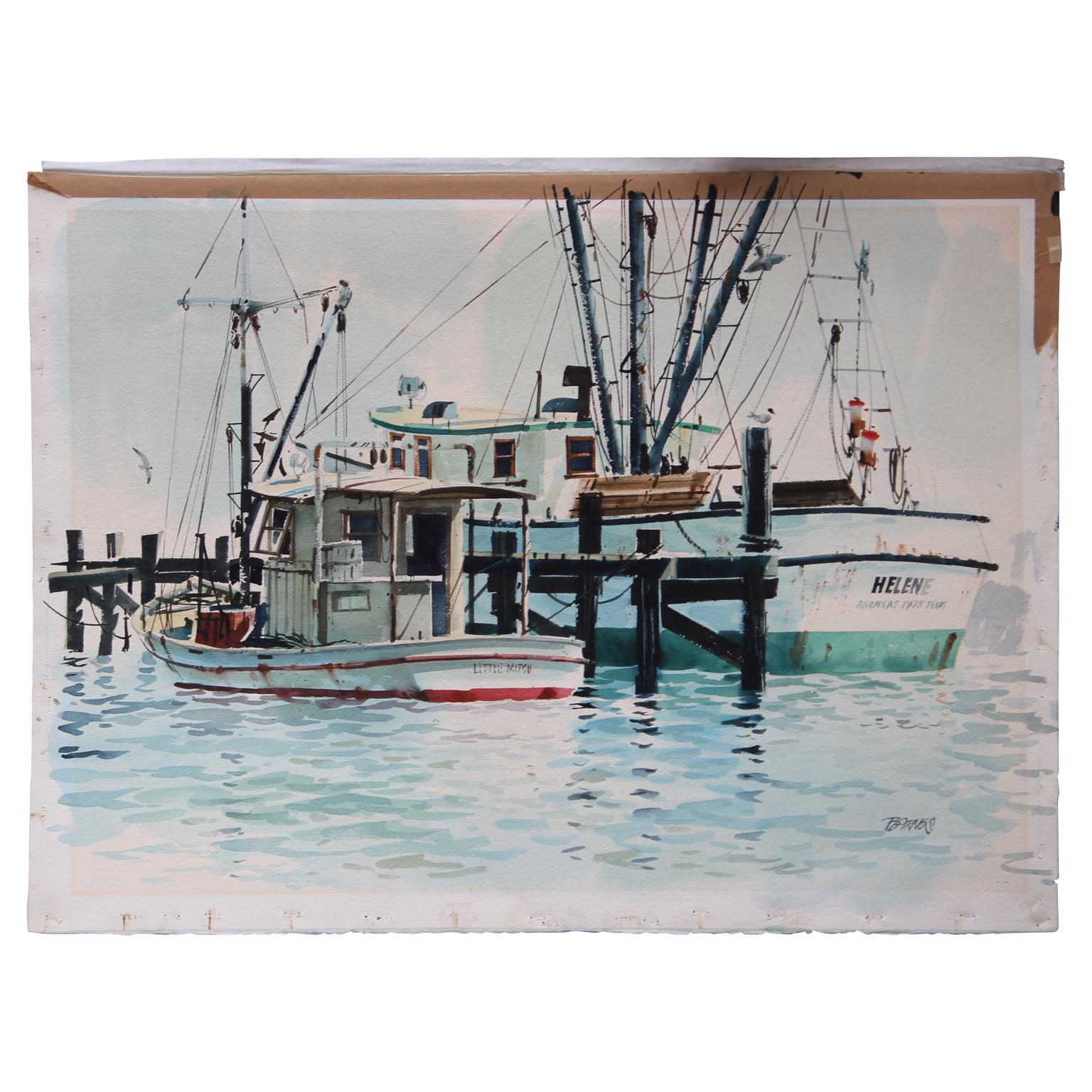 Al Barnes Landscape Painting - Realistic Watercolor Dock Scene with Fishing Boats