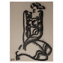 Abstract Cubist Charcoal Drawing of a Sitting Woman