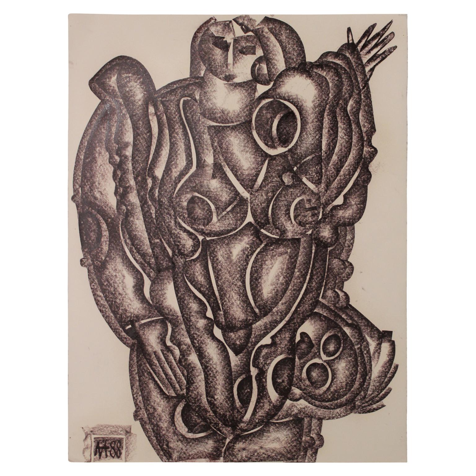 Abstract Cubist Charcoal Drawing of a Standing Woman - Mixed Media Art by Valery Kleveroy (Klever)