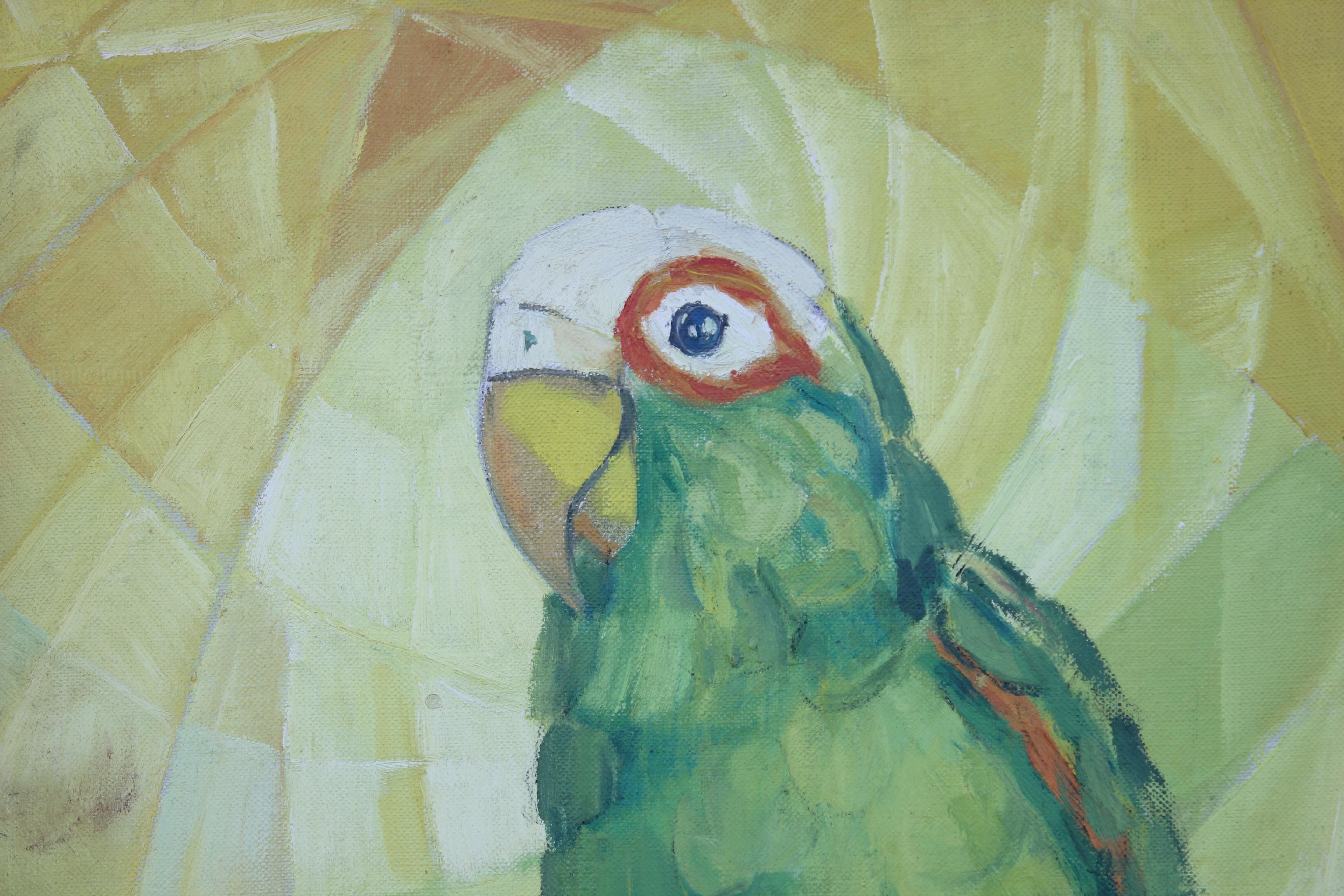 Green Parrot on a Branch - Painting by Judith-Ann Saks