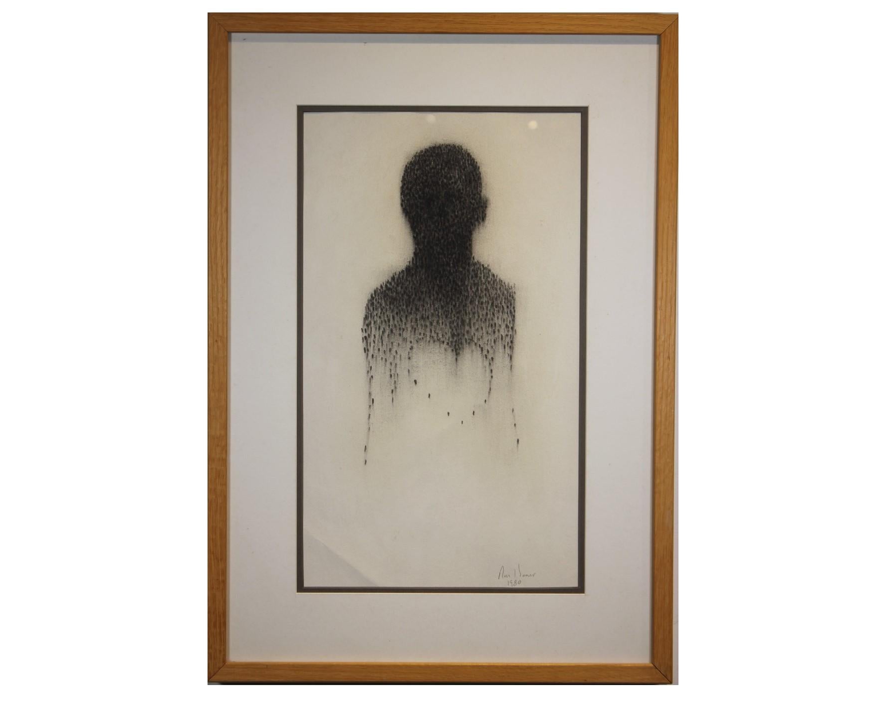 Untitled figurative abstract drawing by Ron Hoover of a silhouette with a heart done in a pointillism style circa 1980. Charcoal on paper. 
Dimensions without Frame: H 18 in x W 10 in.

Artist Biography:
Ron Hoover was a Texas artist who was well