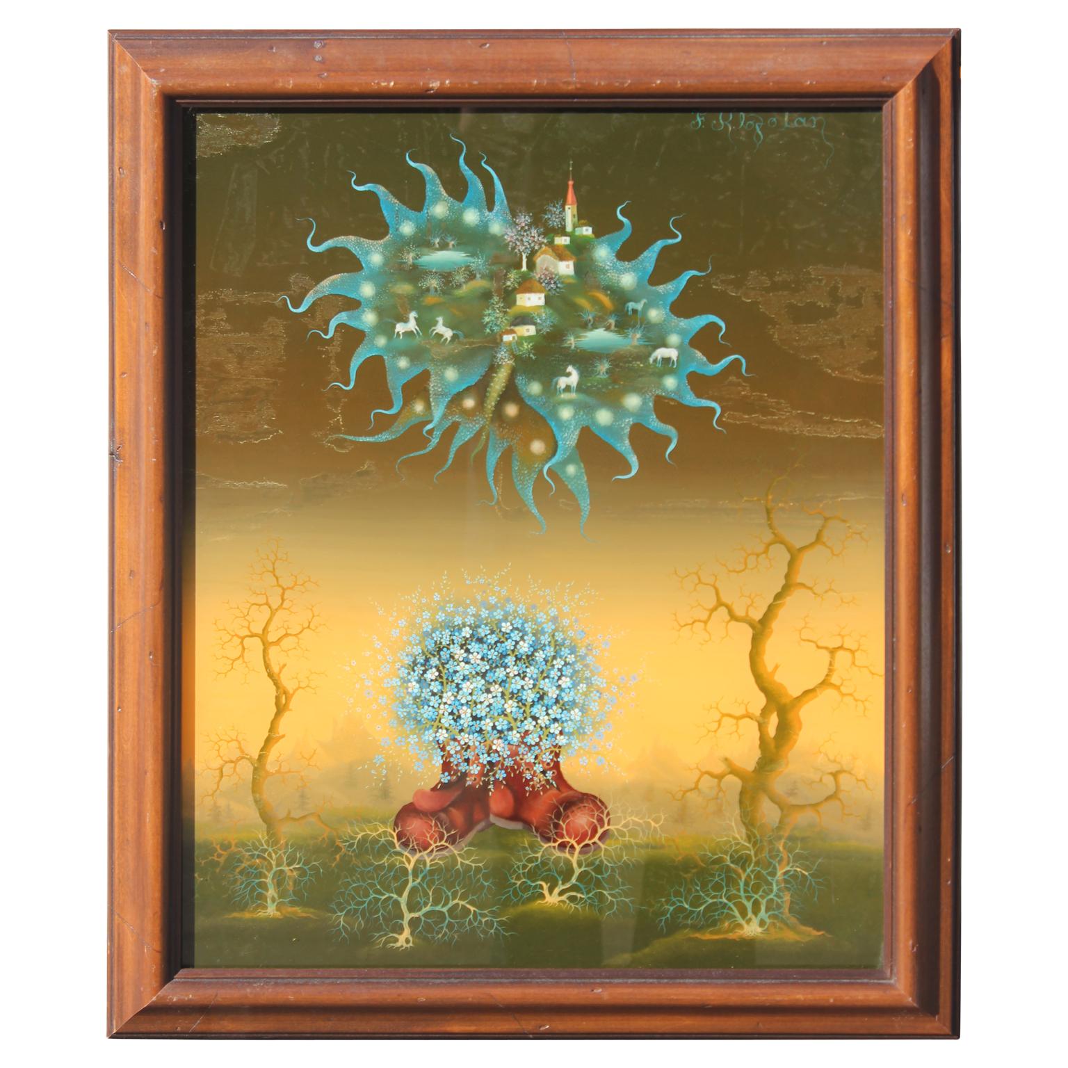 Franjo Klopotan Abstract Painting - Reverse Painted Glass Surreal Still Life Painting 