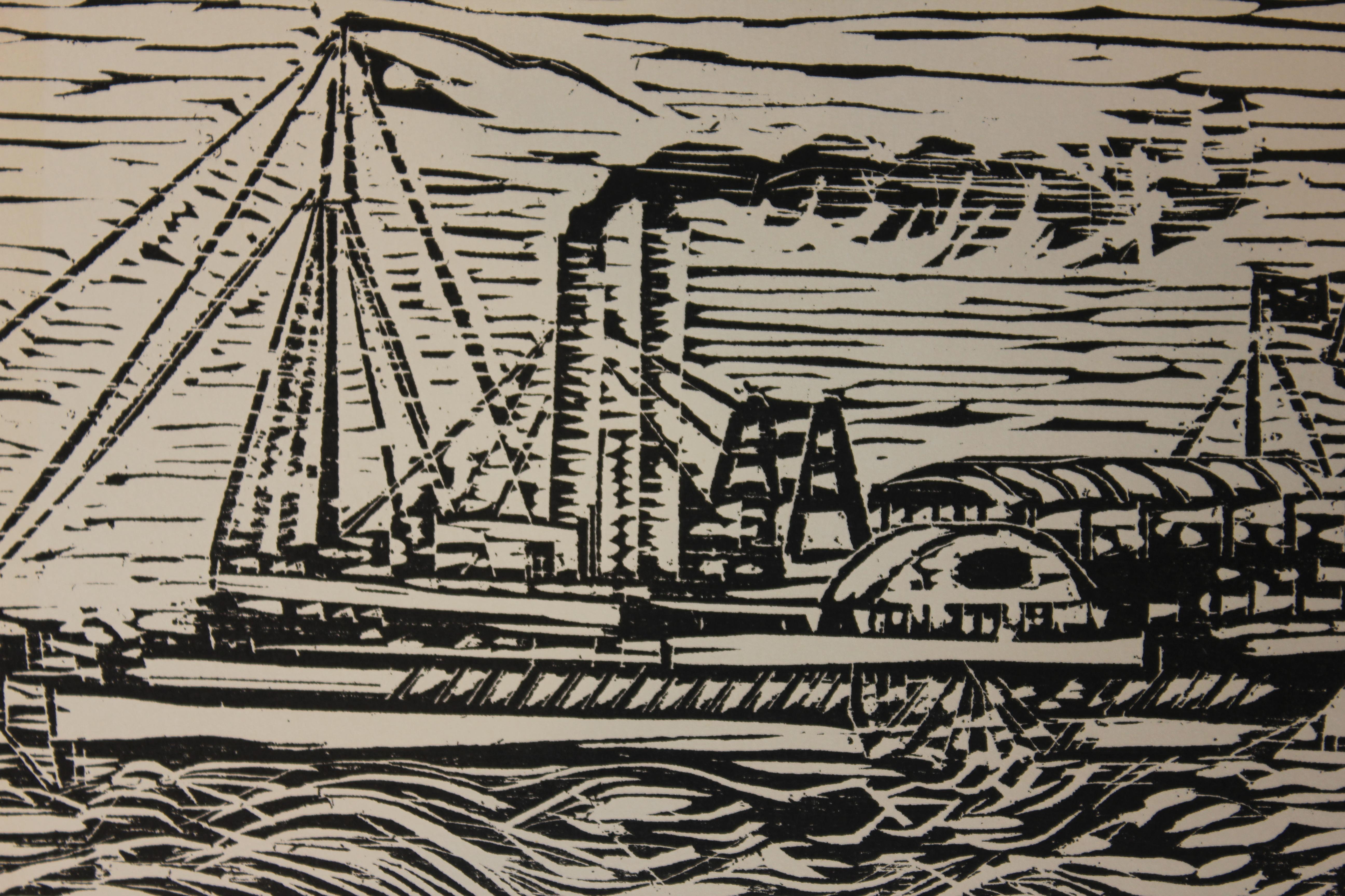 Black and white woodblock of a ship done in the style of the German Expressionists by Houston artist Lowell Collins. 
Woodblock print is not framed.

Artist Biography:
Born in San Antonio but raised in Houston from the age of 15 months, Collins