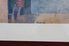 Acuarela de una mujer contra una pared morada