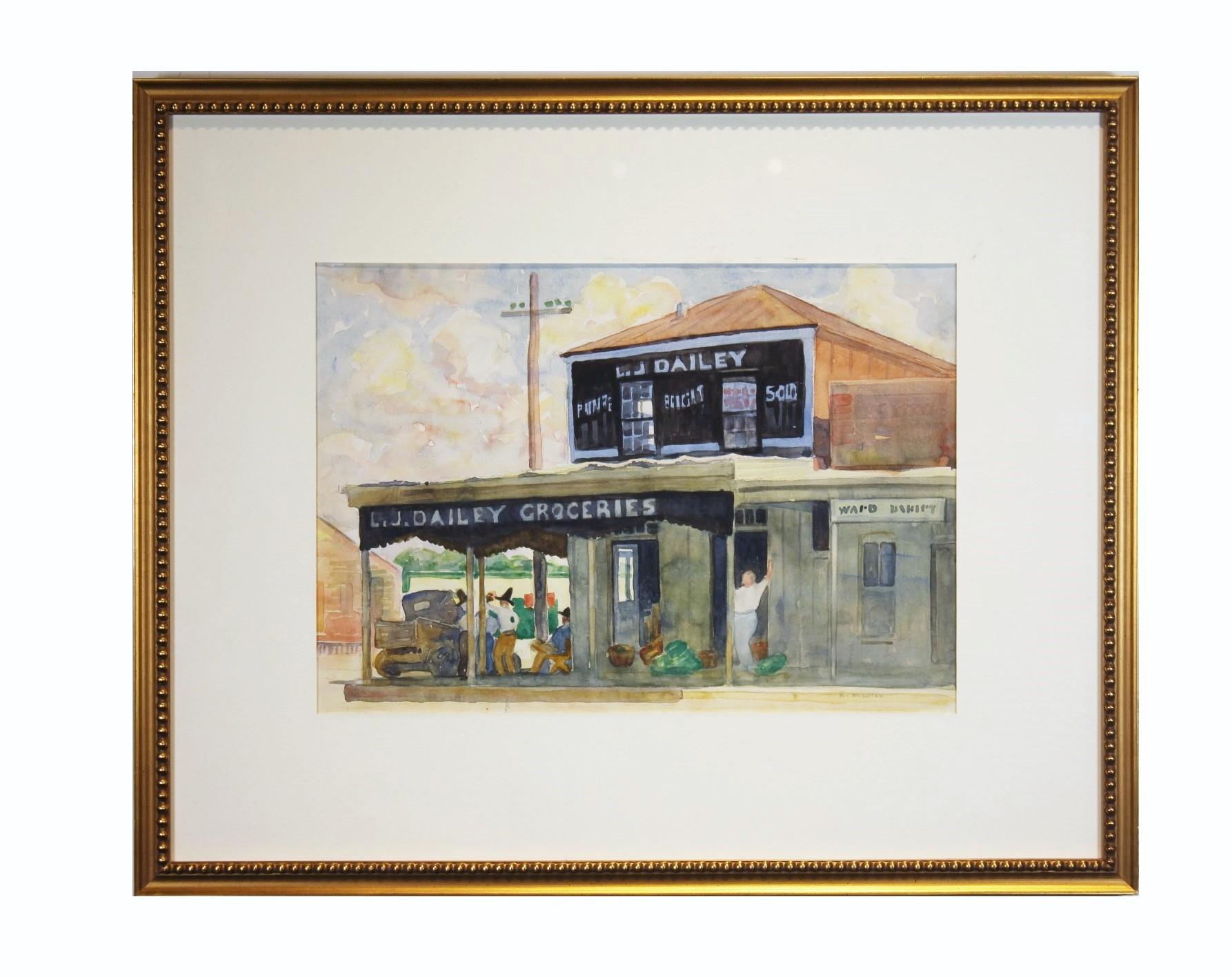 Ralph D. McLellan Landscape Art - L. J. Dailey, San Marcos, TX Landscape Watercolor Store Front Painting