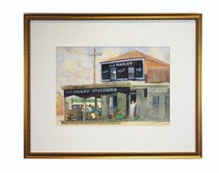 Antique L. J. Dailey, San Marcos, TX Landscape Watercolor Store Front Painting