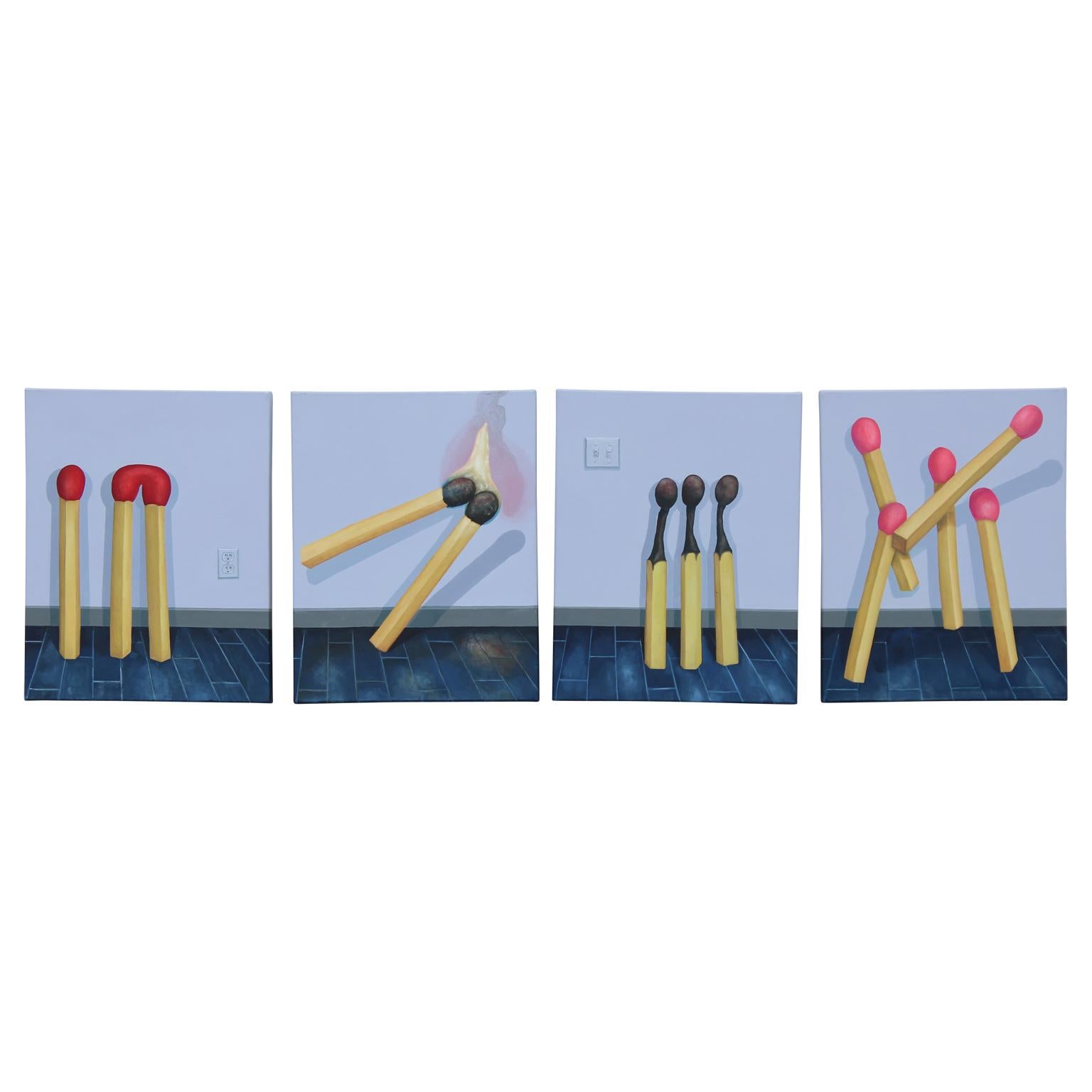 Jenaro Goode  Figurative Painting - Set of Four Abstract Surrealist Match Paintings