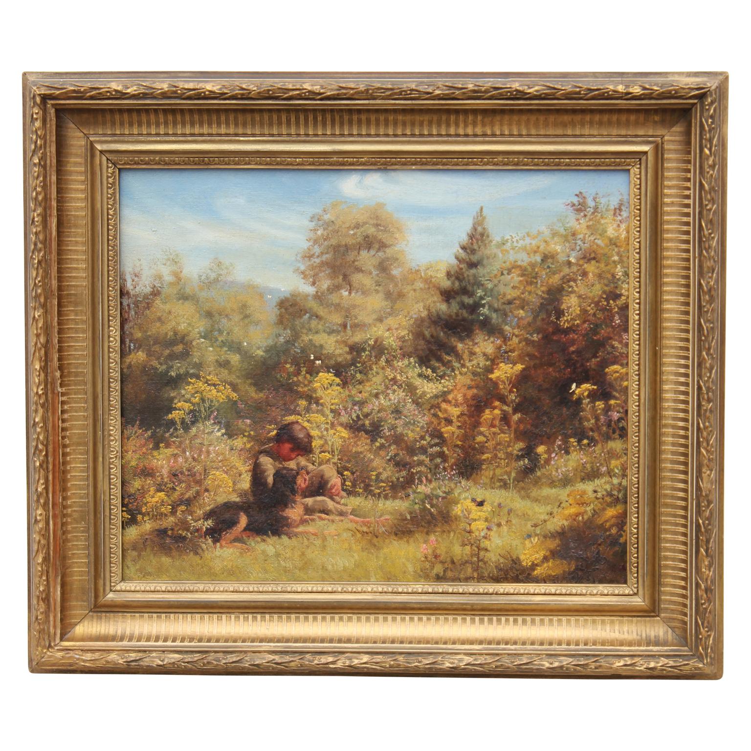 Landscape Painting E. A. L.  - Paysage avec garçon et chien