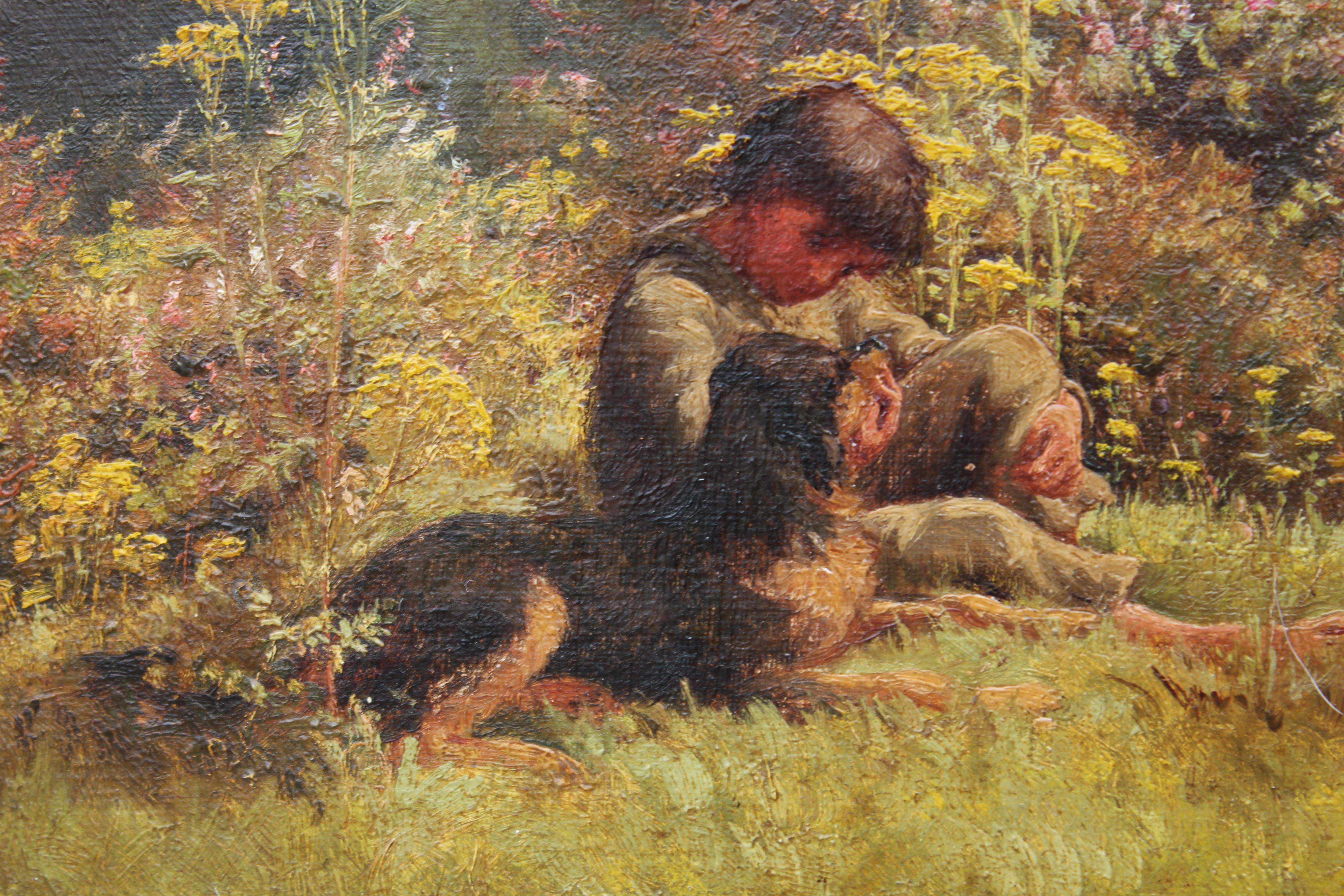Landschaft mit Jungen und Hund – Painting von E. A. L. 