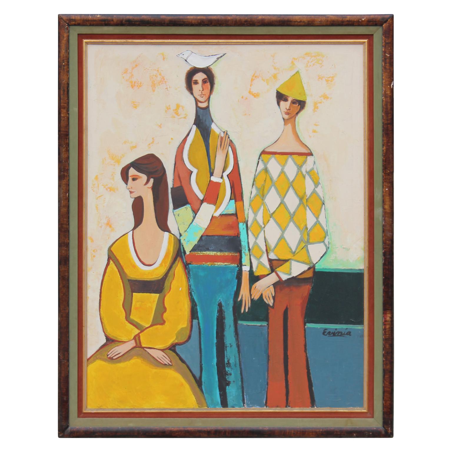 Evinia Bruce Figurative Painting - Three Harlequin Figures in the Style of David Adickes