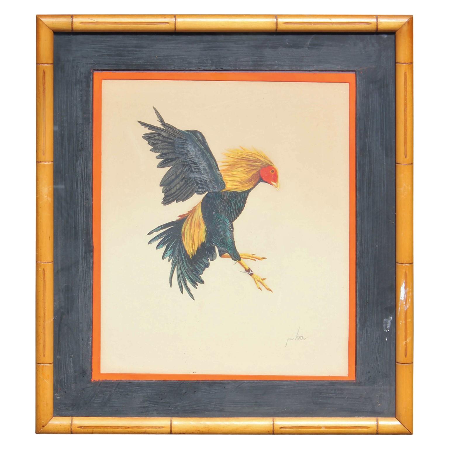 "Cock Fighting" Facing Right - Painting by Lem Palmer