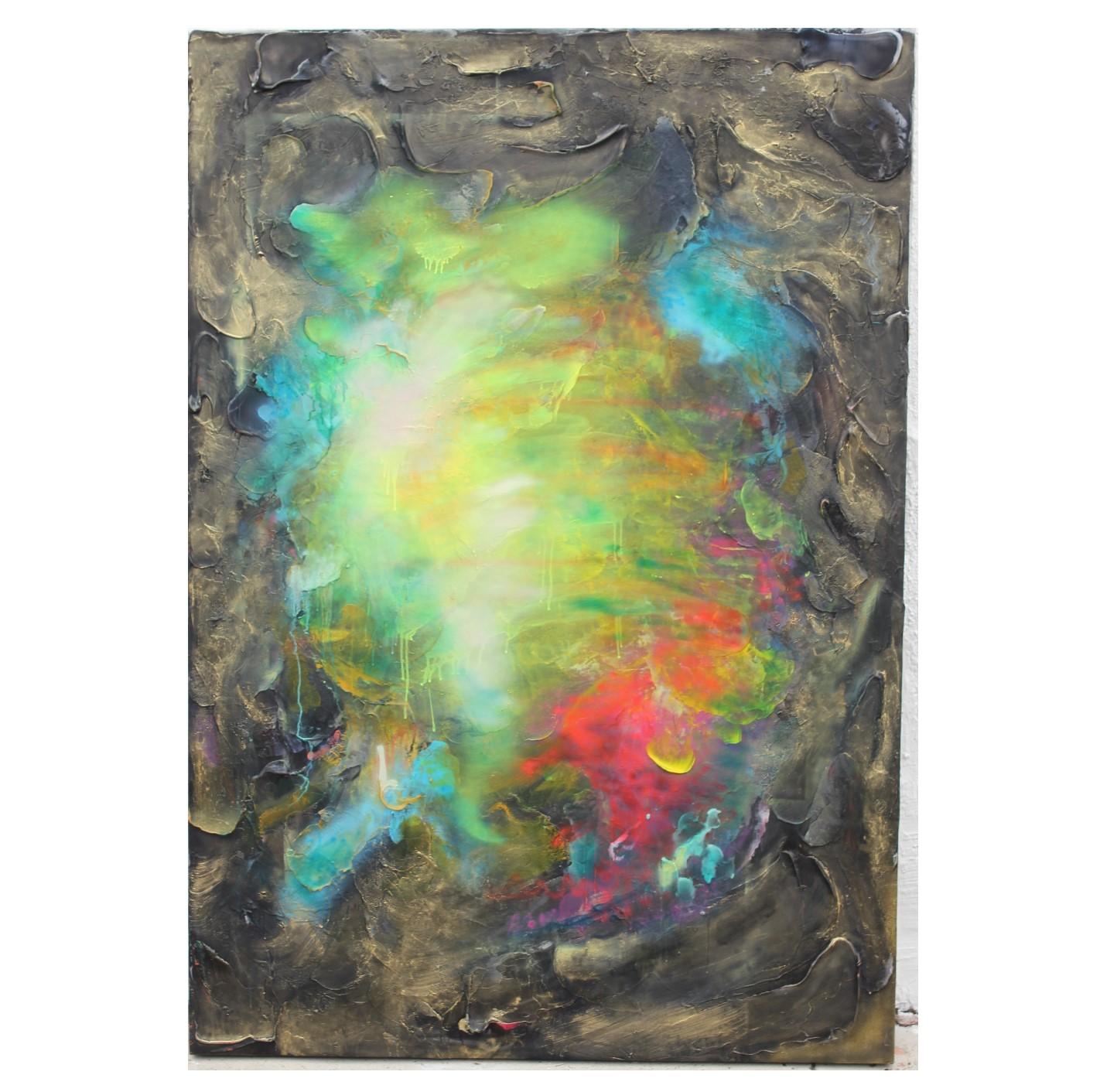 Geoff Hippenstiel Abstract Painting - "No Title" Black Impasto Painting with Neon Colors