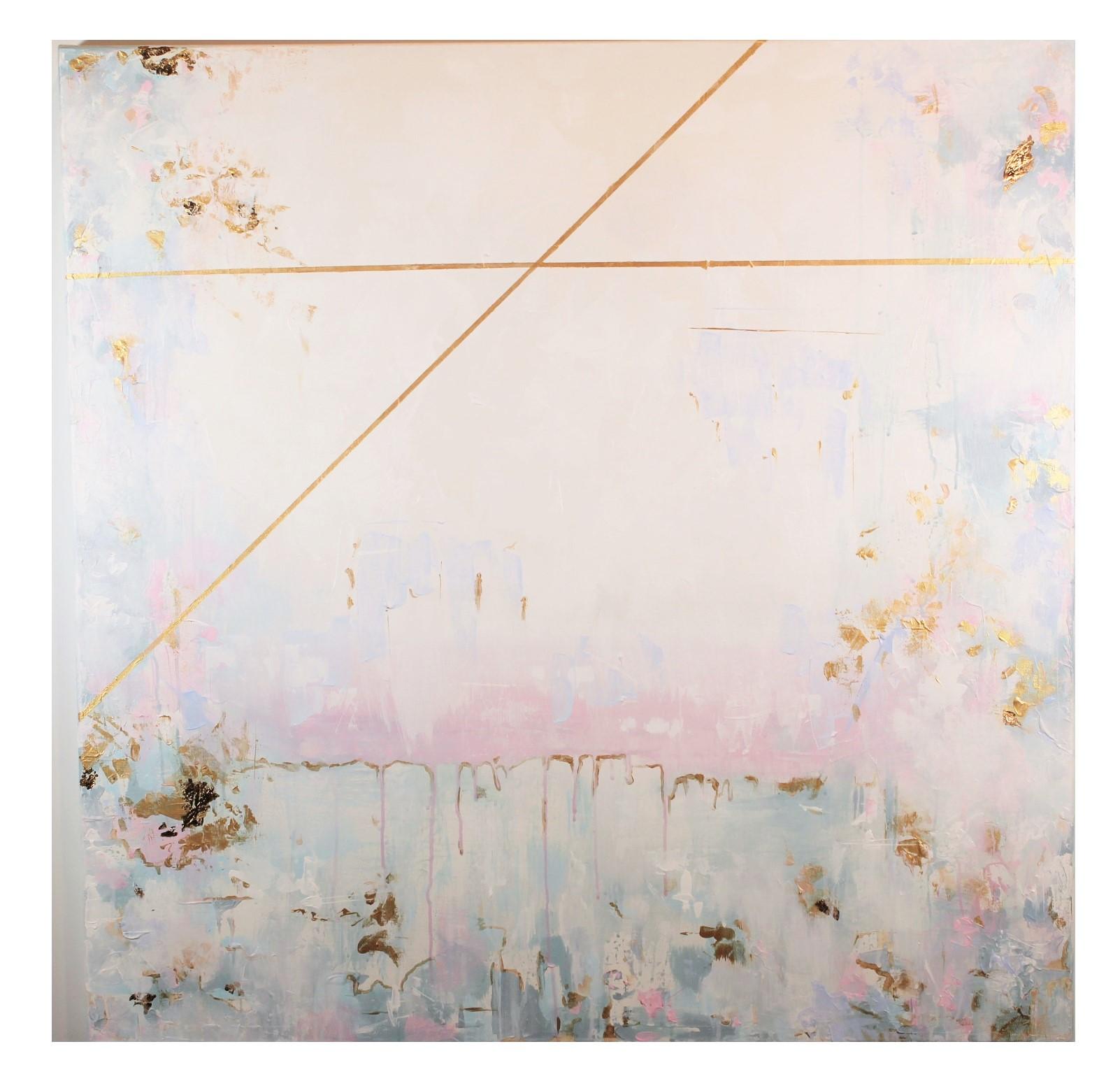 Heather Filewicz Abstract Painting - "A Conscious Fog" Pink and Light Blue Toned with Gold Leaf