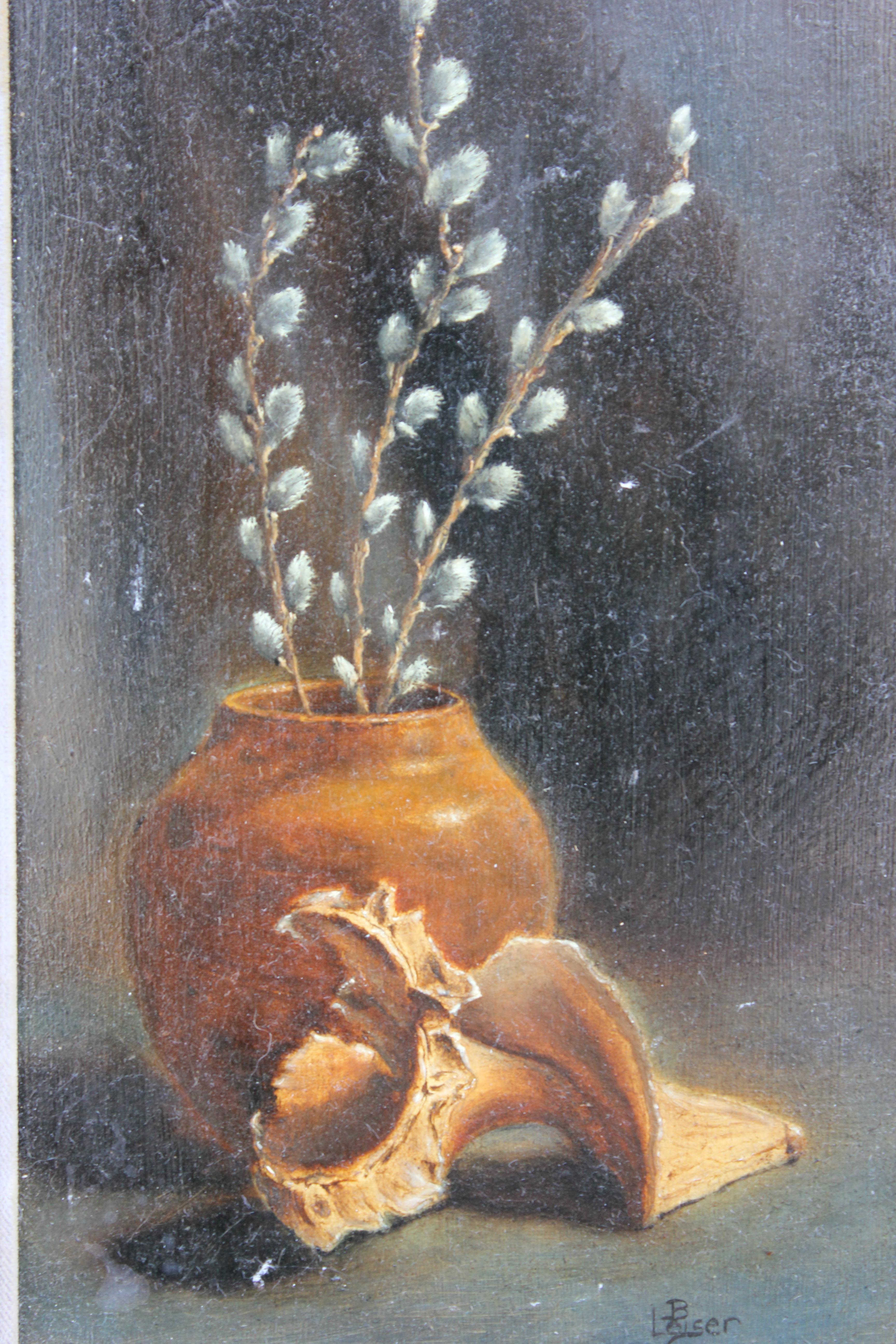 Still Life with Conch and Potted Plant - Naturalistic Painting by B. Leiser