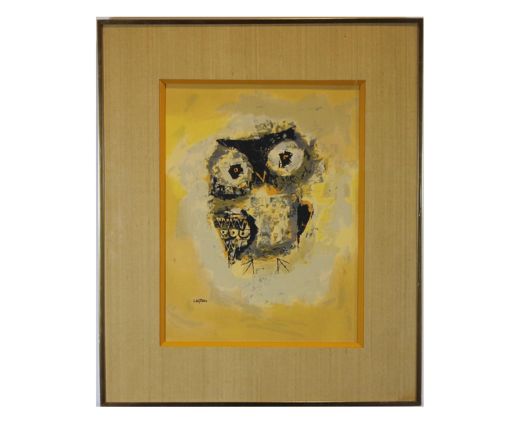Margaret Layton Figurative Print - "Blinky" Yellow Toned Print of an Owl