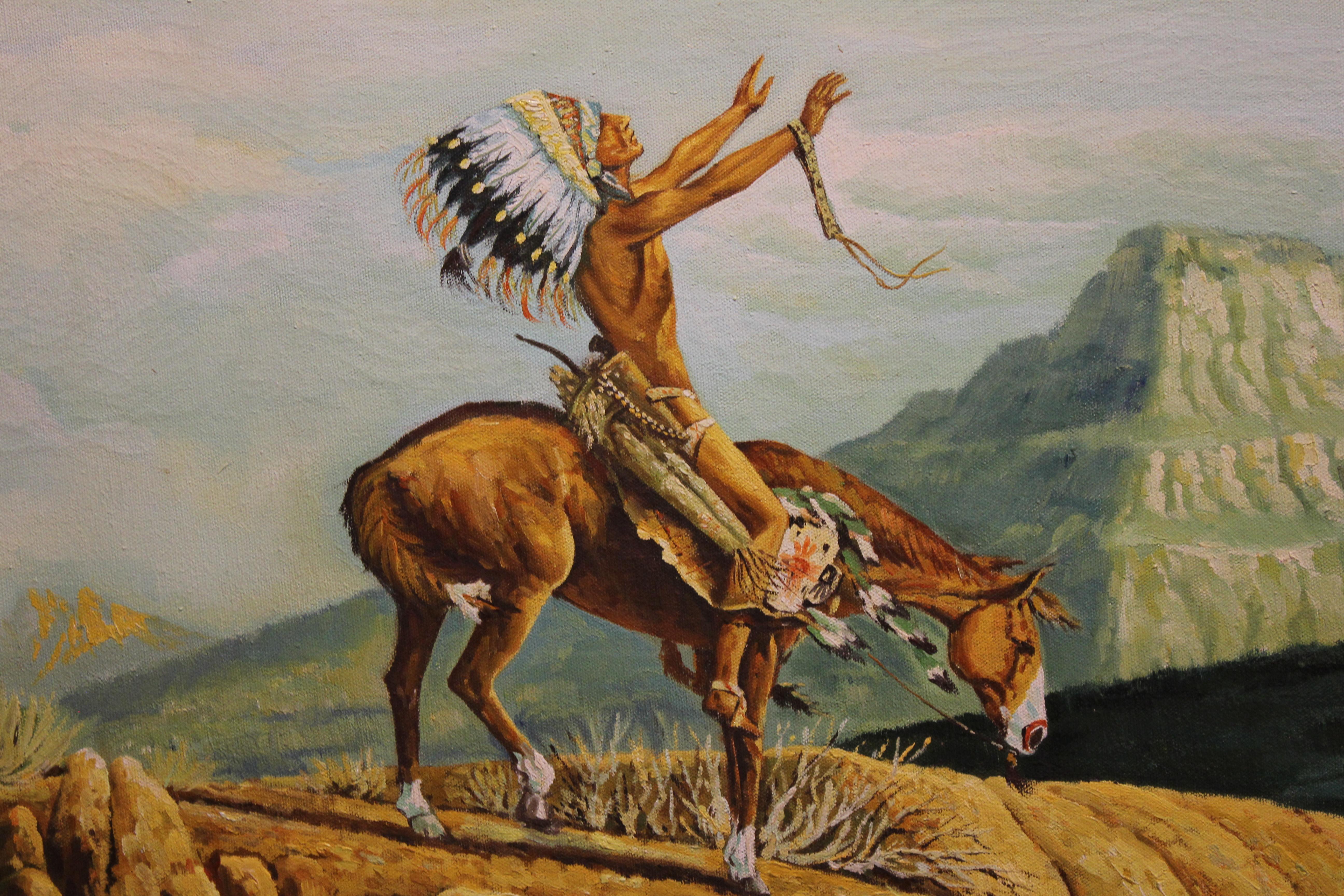 Landscape with Native American in Prayer on a Horse - Painting by Jackson