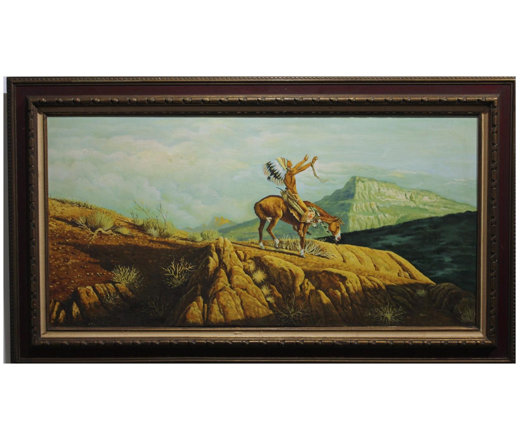 Jackson Landscape Painting - Landscape with Native American in Prayer on a Horse