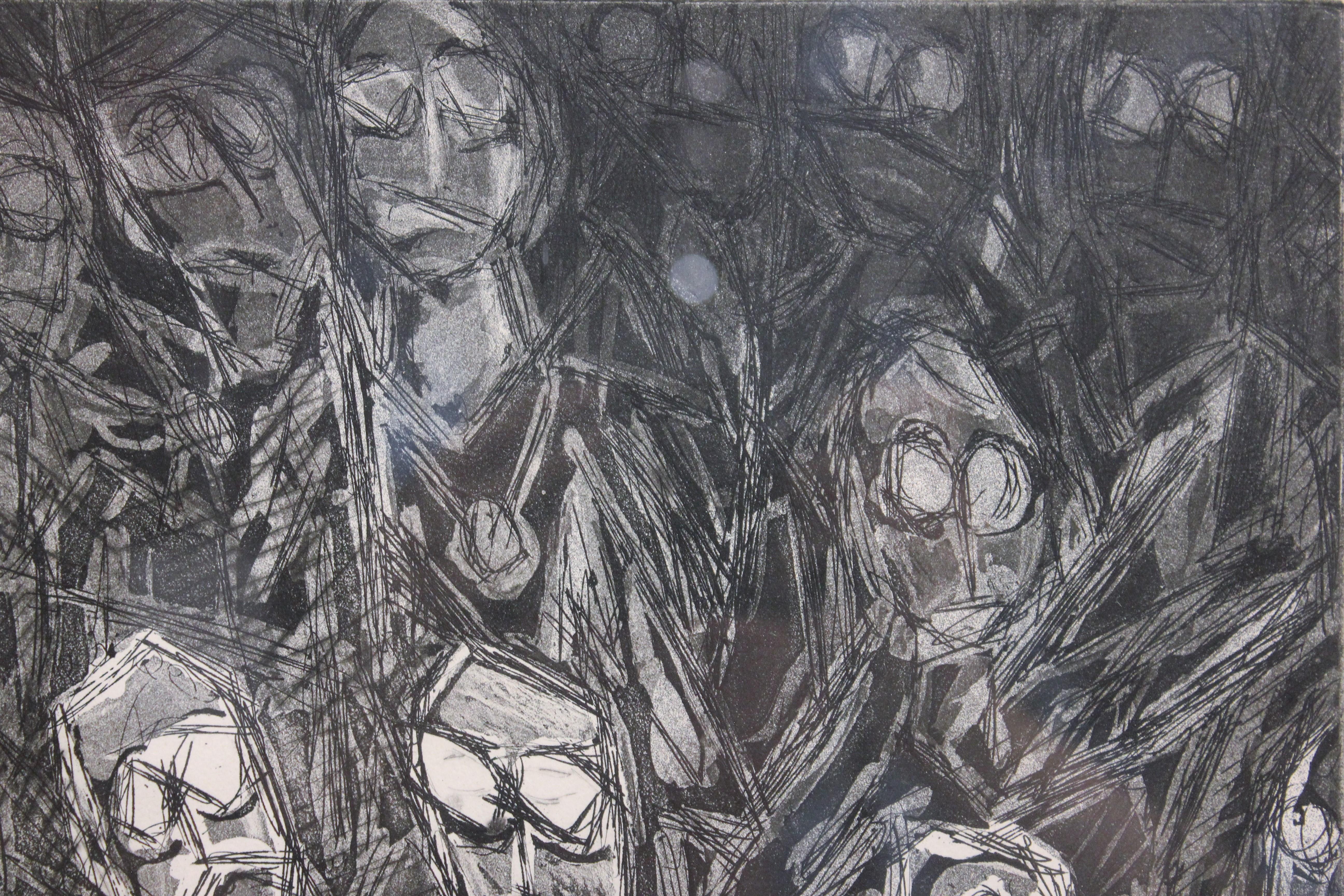 Surrealist Crowed of Figures in Black and White Edition 4 of 4 - Print by Richard E. Fluhr