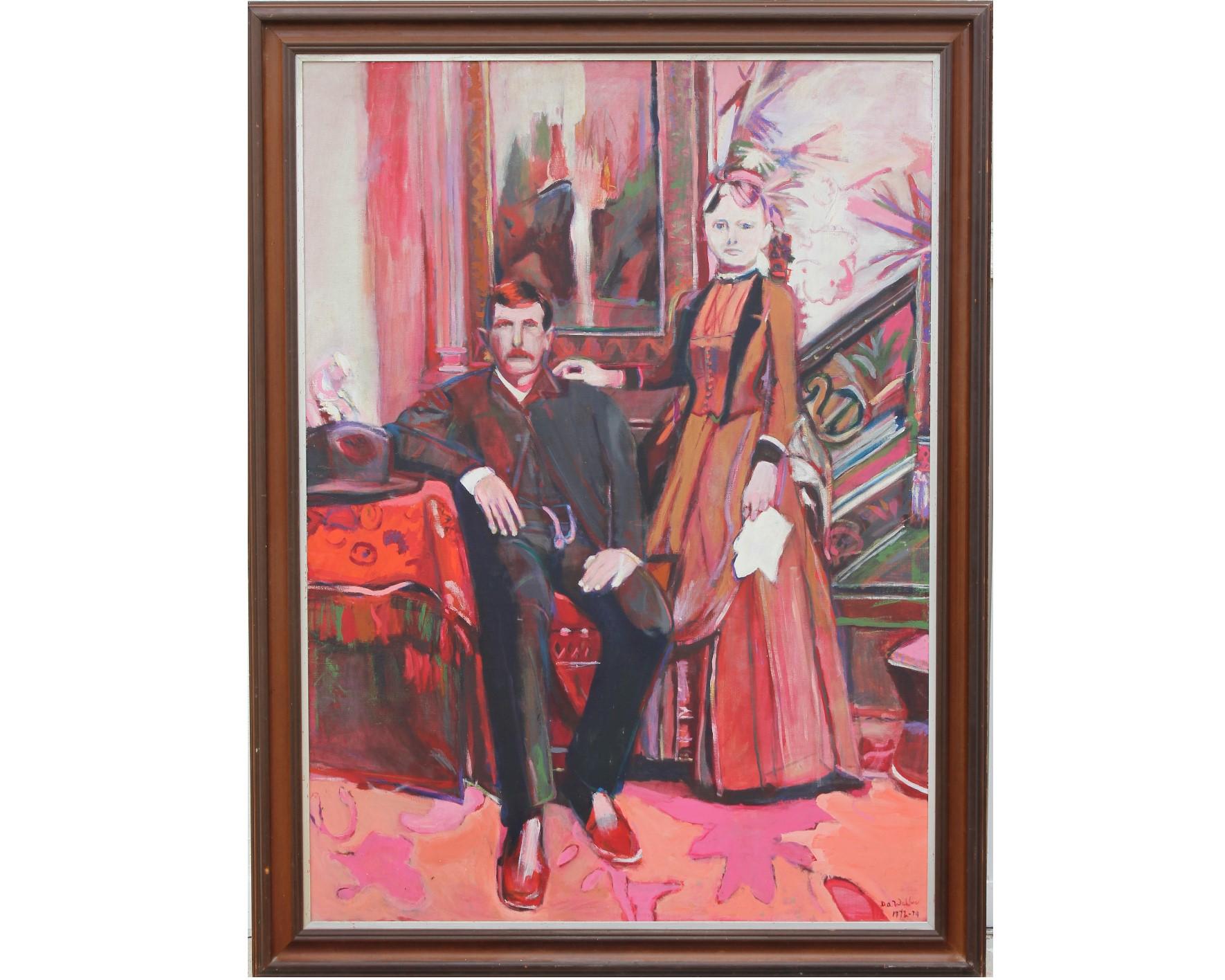 Portrait d'un couple de la classe supérieure dans des tons rouges, début du siècle dernier
