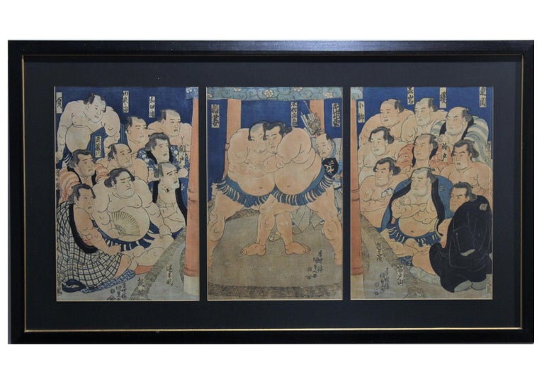 Utagawa Kunisada (Toyokuni III) Interior Print - "Inazuma vs Abumatsu on the Dohyo" Sumo Wrestle Triptych