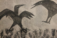 Woodblock Print with a Cat and Birds in a Field