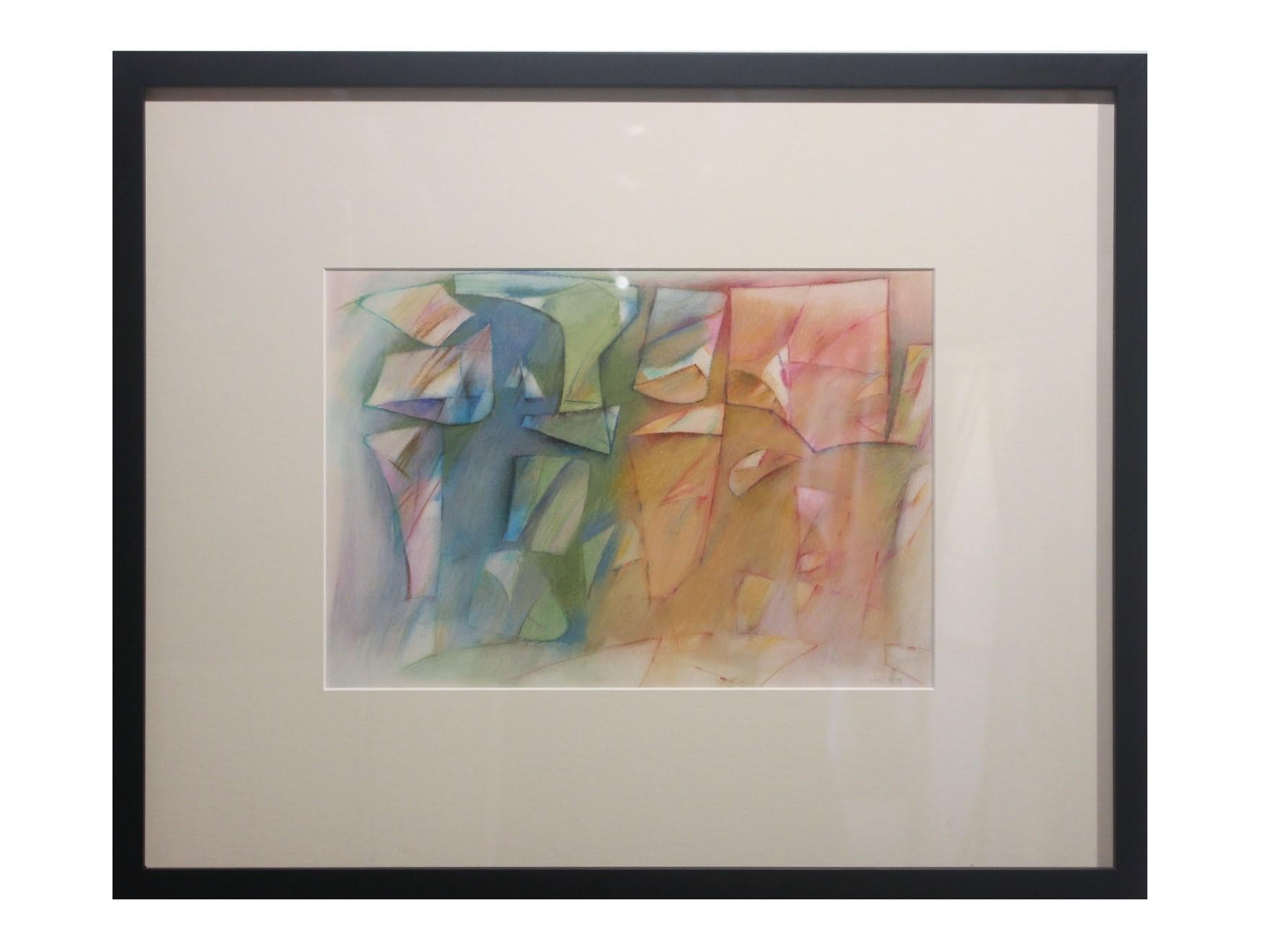 Pittura astratta geometrica blu, arancione e rosa