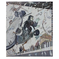 Vintage "Le Carnival des Animausc" Large Surrealist Black and White Painting