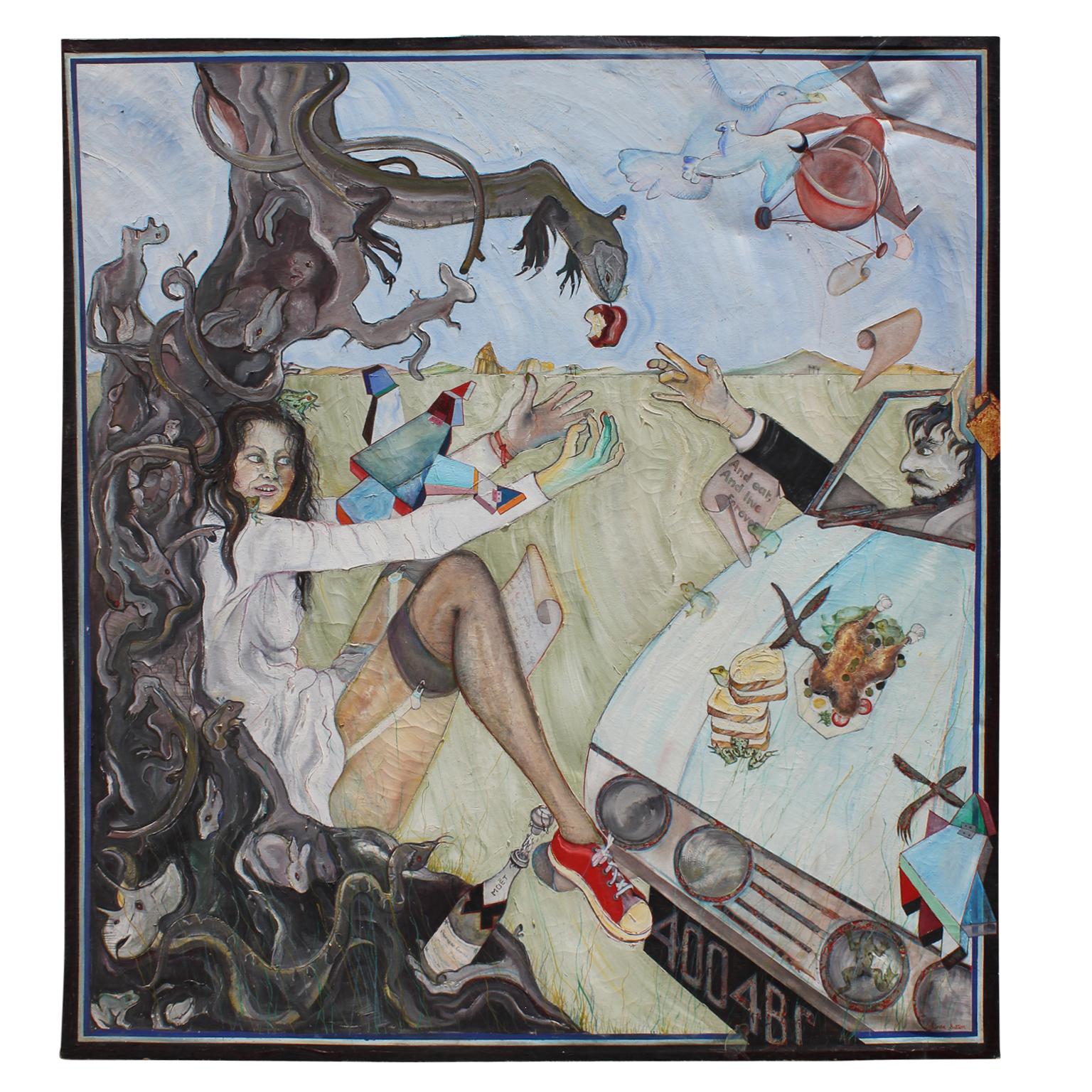 Linda Sutton Figurative Painting - Human Folly Large Scale Surrealist Painting with Garden of Eden Theme