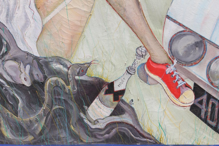 Linda Sutton Human Folly Surrealist Painting with Garden of Eden Theme, Painting For Sale at