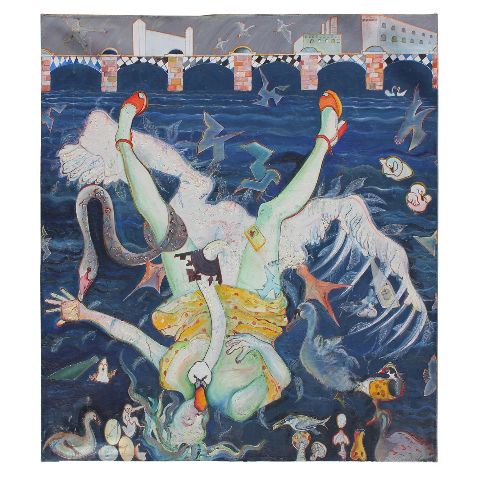 Linda Sutton Figurative Painting - "Leda and the Swan by Wandsworth Bridge" Large Greek Mythology Themed Surrealist