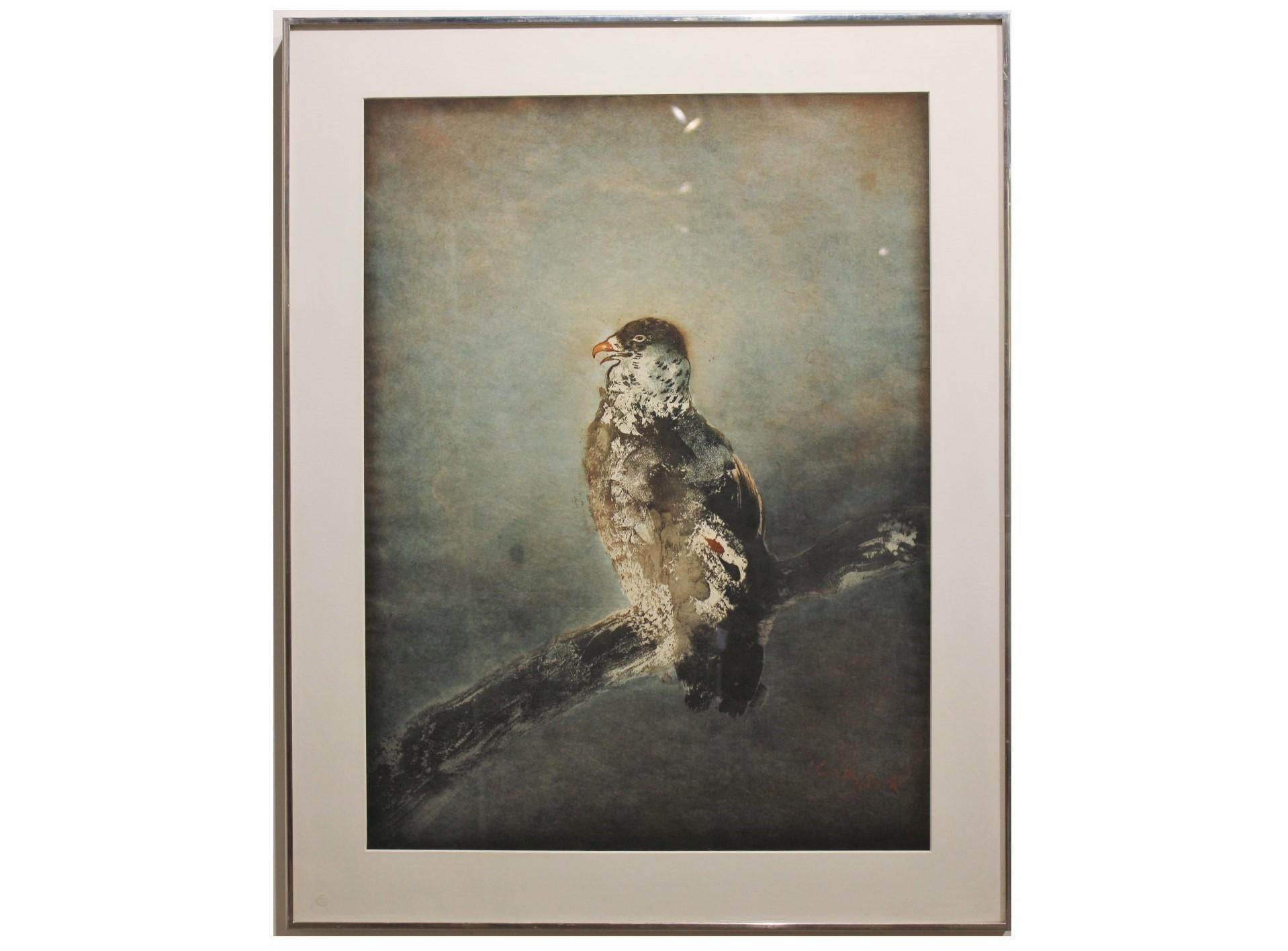 Kaiko Moti Abstract Drawing - "Falcon on Branch" Grey Tonal Painting of a Falcon Perched on a Branch