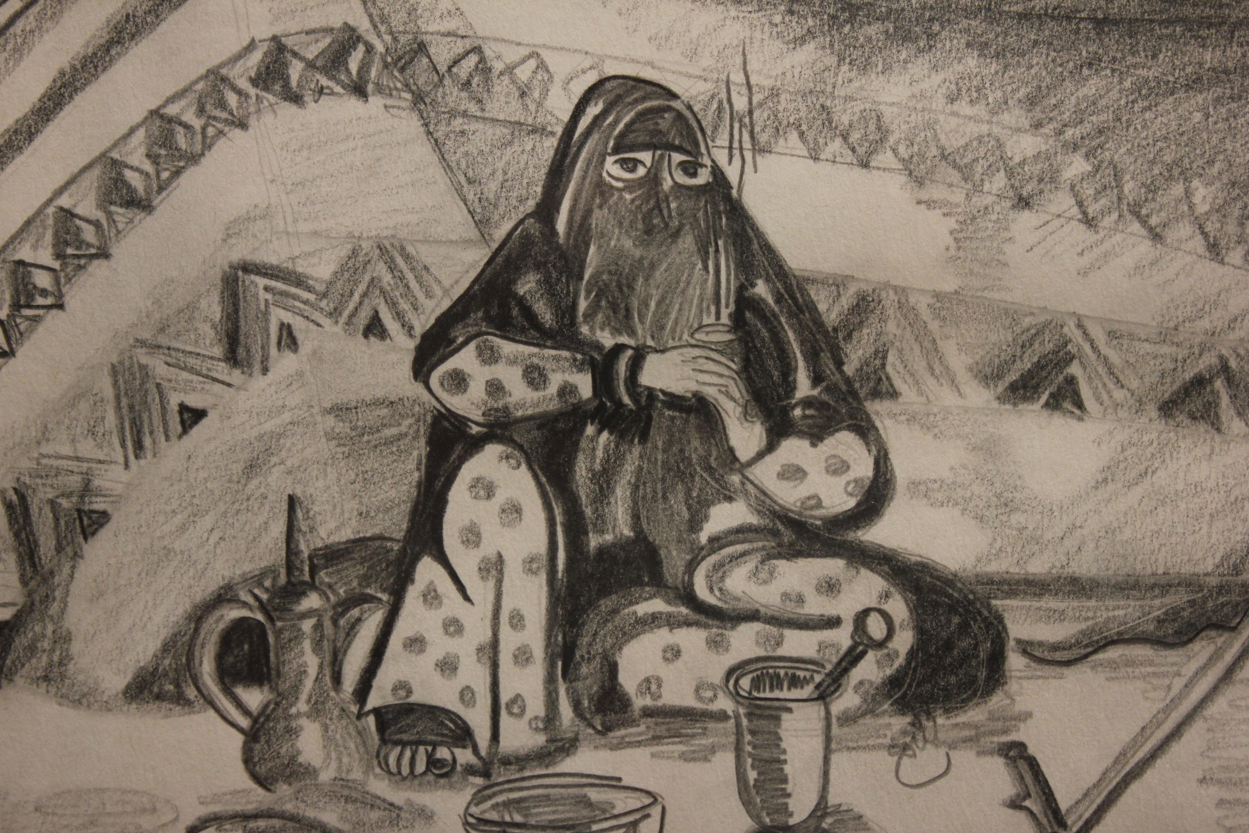 Monochromatic Sketch of a Woman in a Hijab by a Tent - Art by Shama Asghar
